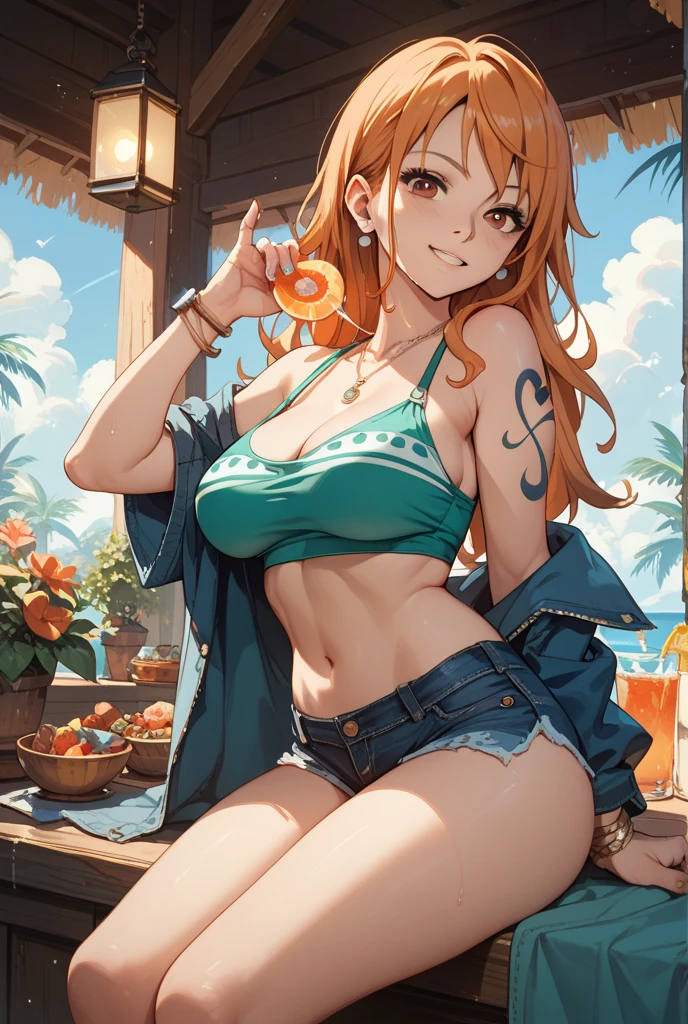 (bestquality,masterpiece) ,NamiOP, jewelry, smile, cleavage, earrings, swimsuit, bikini, open_mouth, bracelet, navel, collarbone, bikini_top_only, denim, pants, jeans, :d, groin, holding, closed_eyes, sitting, stomach, blue_pants, blurry_background, hat, solo_focus, blurry, food, fruit, orange_\(fruit\), holding_food, holding_fruit, mandarin_orange, straw_hat, 