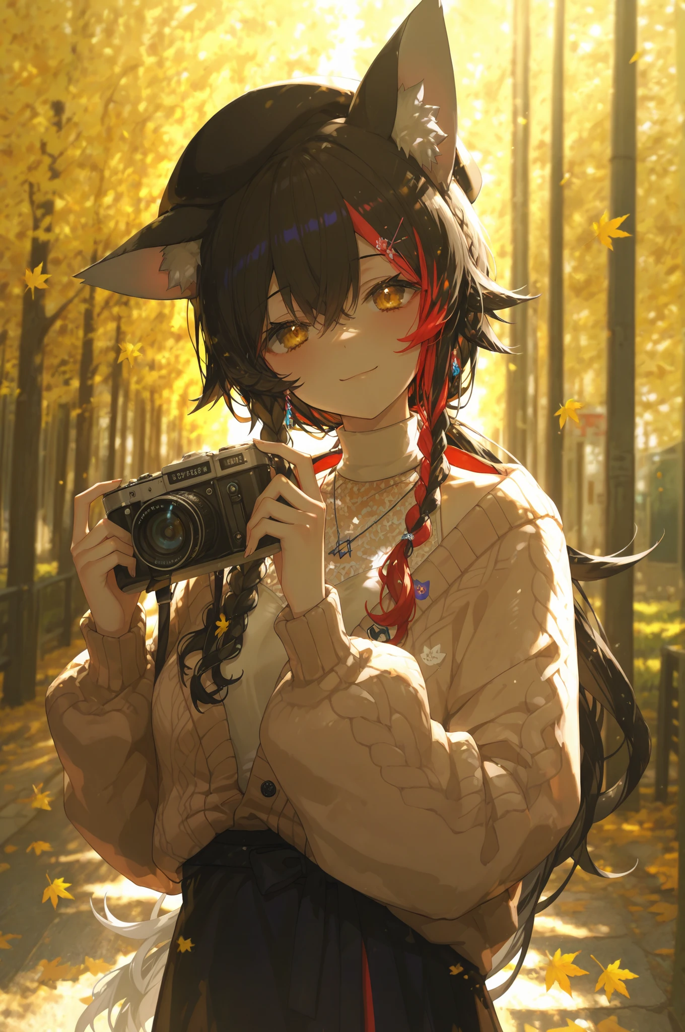 ookami mio,ookami mio \(street\),hololive,animal ear fluff,animal ears,autumn leaves,black hair,black headwear,black skirt,blurry,braid,brown cardigan,camera,cardigan,closed mouth,depth of field,double-parted bangs,hair between eyes,holding,holding camera,long sleeves,looking at viewer,multicolored hair,official alternate costume,official alternate hairstyle,red hair,shirt,single braid,skirt,smile,solo,streaked hair,turtleneck,turtleneck shirt,two-tone hair,upper body,virtual youtuber,white shirt,wolf ears,wolf girl,yellow eyes,high ponytail,beret,outdoor,jewelry,long hair,necklace,autumn,hat,blurry background