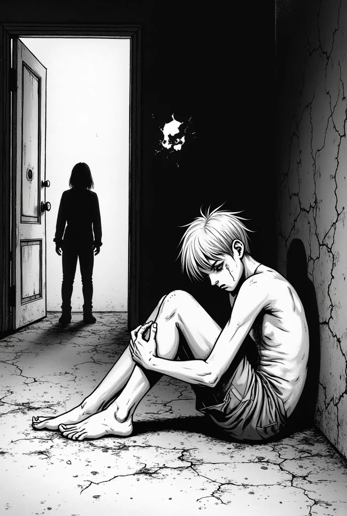 zombie sitting eating a dead person inside a room of an abandoned house. manga, anime or comic style. full hd, detailed image without errors, black and white