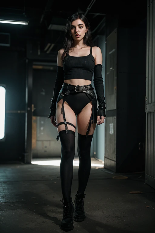 ((tmasterpiece, best qualtiy)), illustratio, Highly detailed 8K, realistic focus, Complicated details, one-girl,Female prison guard,Dark series,Dark style,Dark,Low light,darkly,mechs,She wears a sexy police uniform,Suspender stockings,Lace,In prison,She was in a cage,Robust body,Sexy and robust,Detailed abs,Detailed muscle lines,dynamicposes,Prison cage background,dim murky lights,Dirty body,Greasy body,sweating body,Wet floors,There are stains on the body,Stained walls,hand gun,Chains,rusted,handcuff,Highly detailed police uniforms,Highly detailed police cap,Police badge,wear police cap,Highly detailed police equipment,Normal body proportions,Normal face,Normal hands,frontage,fully body photo,tall image,Look from the bottom up,look from down, looki at viewer
