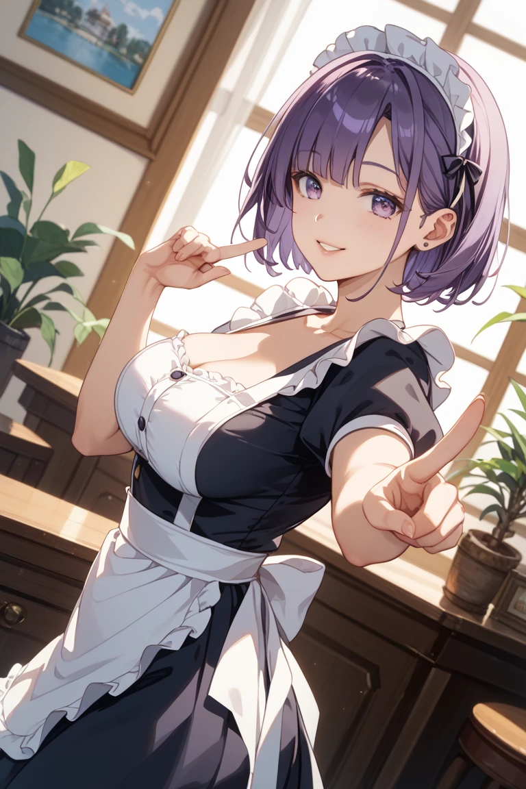 1girl, solo, breasts, looking at viewer, blush, smile, short hair, open mouth, bangs, dress, cleavage, medium breasts, purple eyes, purple hair, short sleeves, :d, frills, necktie, puffy sleeves, indoors, mole, hair over one eye, apron, black dress, puffy short sleeves, wrist cuffs, maid, hands up, maid headdress, v, detached collar, between breasts, white apron, black necktie, maid apron, double v, candle, ((32k)), ((best quality)), ((ultra high res)), ((HDR)), ((UHD)), ((extremely detailed CG)), ((unity 32k wallpaper)),