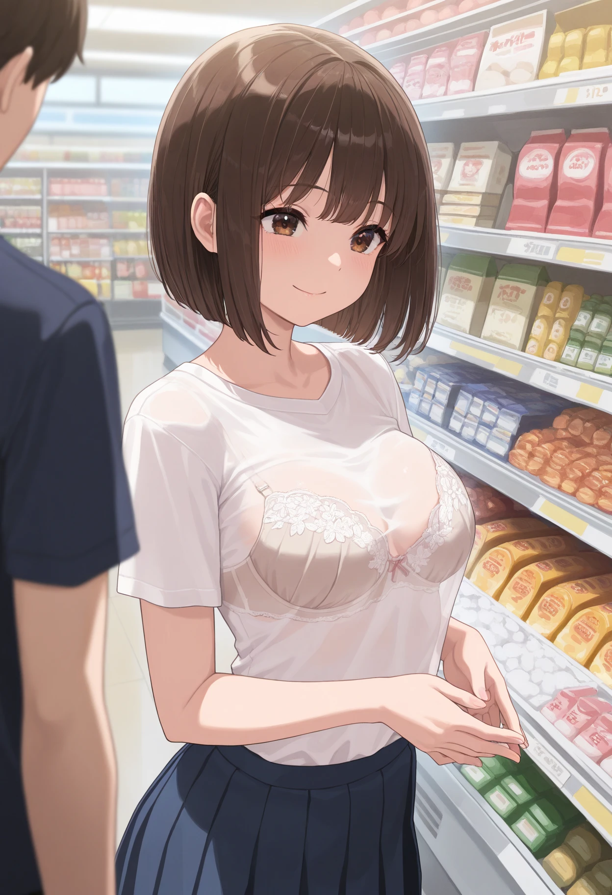 casual clothes at the supermarket, white skin girl showing her whole body, wearing white one-piece, Full body inside a supermarket with a shopping cart, ((8 year old girl, cute type, slim, thin waist, thin arms, black hair, short bob)), (((shirt lift, no bra, The nipples are visible, beautiful breasts))),no bra