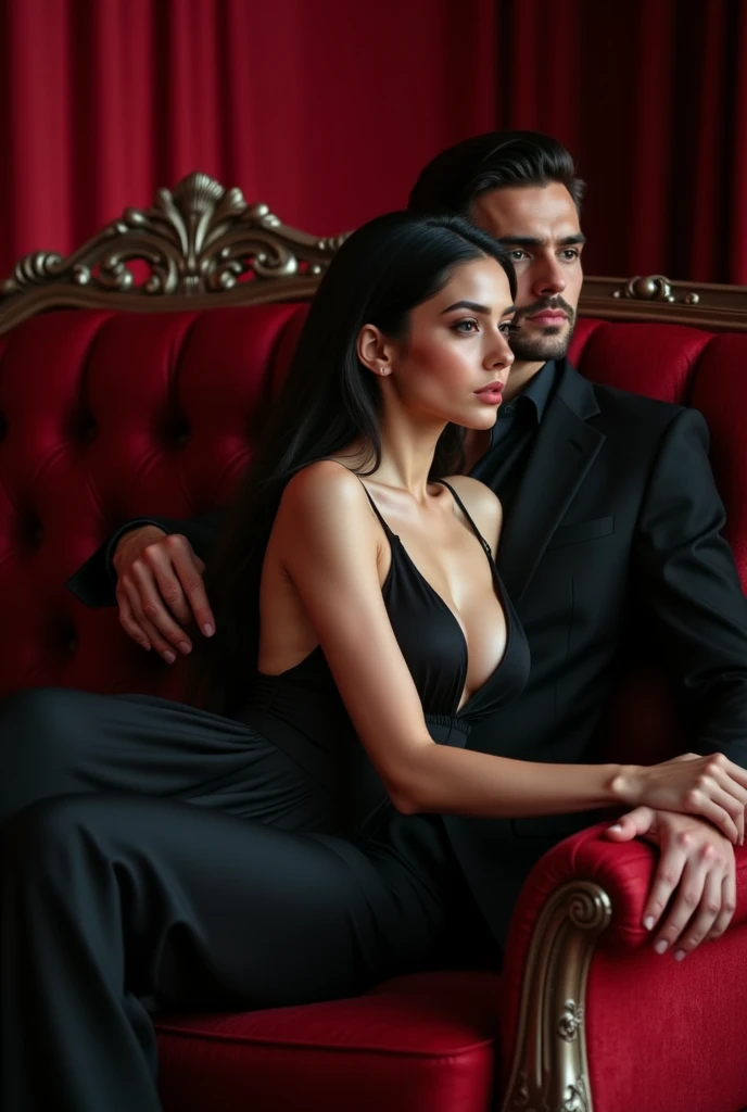 show a picture of a handsome and handsome man in a black suit sitting on a sofa while holding a beautiful girl in a sexy dress on his lap