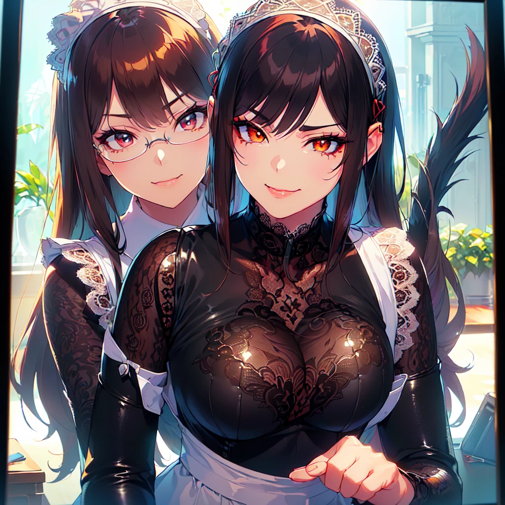 A woman with big ，Gorgeous young princess，Forbidden，twintails，clavicle，Prominent and smooth underbreast area，Breath-out，Very transparent，(Transparent micro sexy lingerie)，Gemstones，Intricate details，Beautifully，Lace headband，Ribbon，Showing belly，Charm，Detailed modern living room background，endure，Tears，(There is a maid serving the princess.)，