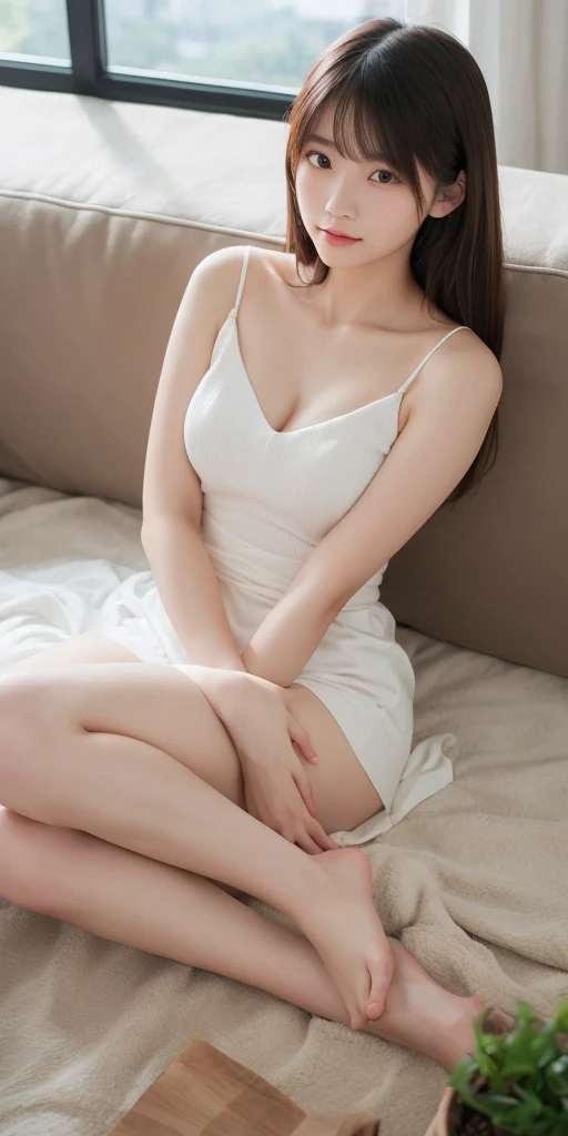 The Beauty of Japan, (Slim figure), kind, Brown Hair, Cute young Japanese girl, Cute young Japanese girl, (Simple gray background), Flat Chest :1.2, Emphasize cleavage, Malaise, Wide Shot, (ankle shot), Wearing a large T-shirt without a bra, Girlish, The nipples are protruding,