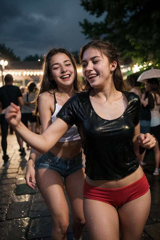 (nudity, explicit, :1.1) happy smiling, sloppy girl, in the rain at a concert, women coming and going, many women, obscene, crowded, poor, torn and dirty tattered dirty clothes, collarbone, no bra, torn micro pants, wet clothes, dirty hair, dirty face, dirty skin, sweaty skin, (sweat: 1.5), muddy skin, muddy feet, bare feet, small breasts, unkempt hair, tan, full body portrait, physically based rendering, cinematic lighting, complex and cinematic look, night, street lamp light, photorealistic, cowboy shot, Dynamic Angle
