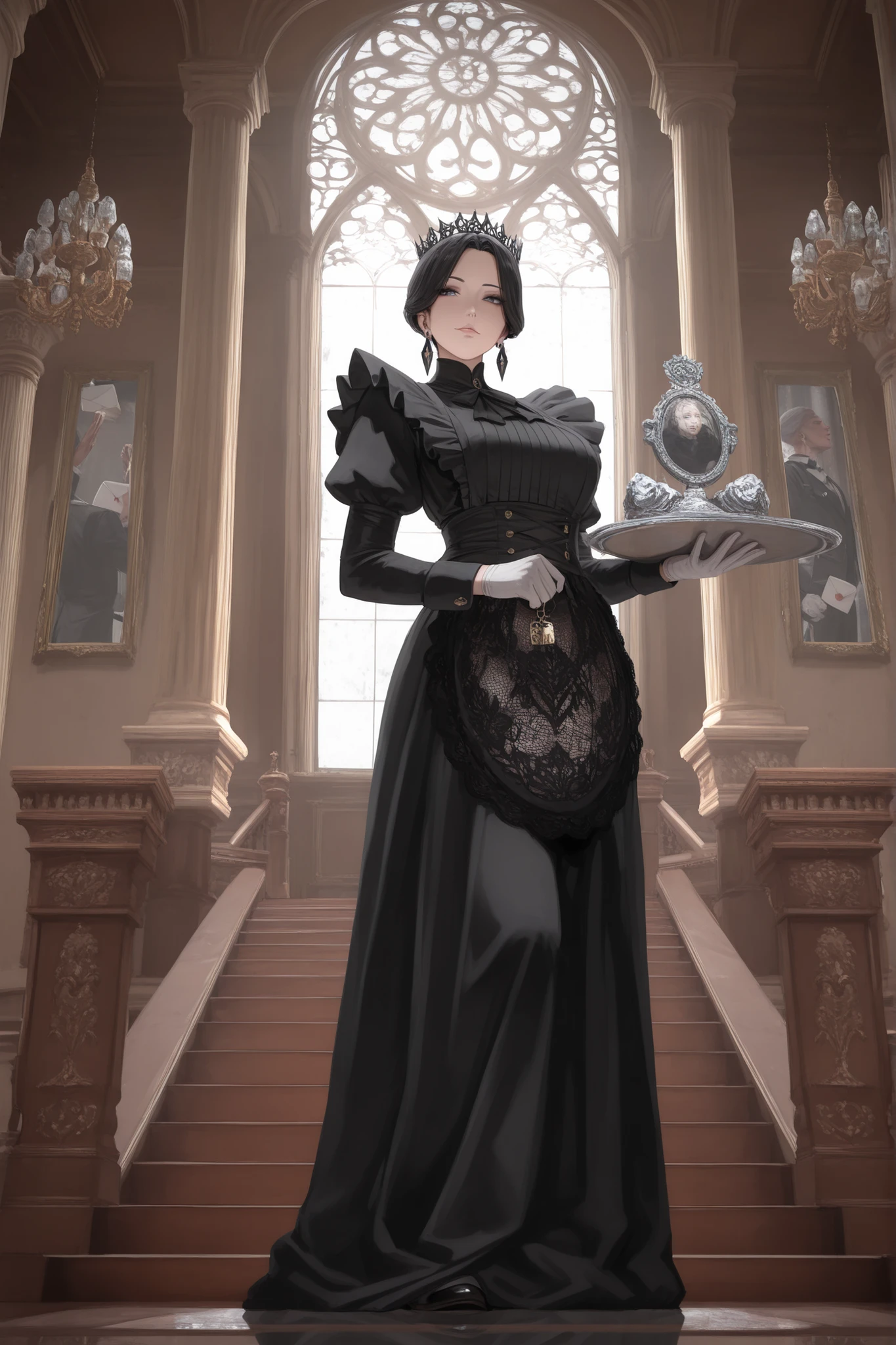 (masterpiece, perfect quality, best quality, absolutely eye-catching, ambient occlusion, raytracing, newest, absurdres, highres, very aesthetic, baroque painting style, intricate details, dramatic chiaroscuro),
rating_safety,
full body, standing poised at grand staircase, solo, low angle shot, (opulent Victorian manor hall with marble columns and crystal chandeliers),
(The Lady Maid), late 30s, ageless elegance, "My Lady Maid" theme,
(serene expression), (piercing, commanding gaze), (untouchable aura of authority),
wearing (impeccable black maid uniform), (delicate lace apron), (white gloves), (hidden keyring with estate seals at waist),
one hand resting on (polished banister), other hand holding (silver tray with unopened envelope bearing royal crest),
surroundings: (stunned noble guests bowing slightly), (anxious butler whispering behind pillar), (gilded mirror reflecting her as tallest figure), (ancestral portraits looking downward), (stormy window light casting her shadow like a crown)