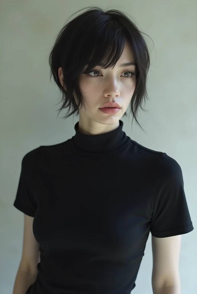 Fubuki is staring at me, She is wearing a white  and white 、Short black hair、Green Eyes、Large , about G cup size、Not an anime、It's not a manga.、Realistic woman close-up。