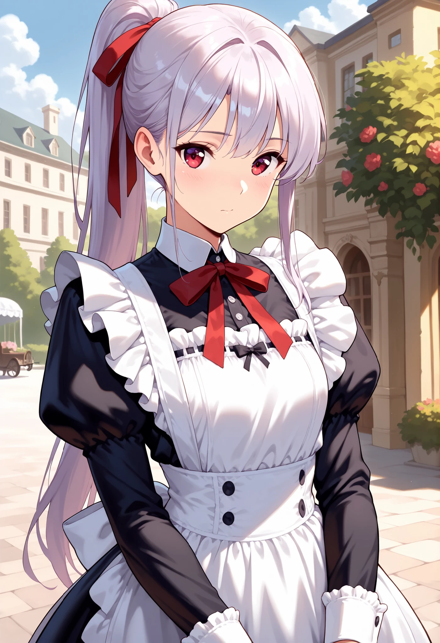 best quality, details, high resolution, 8K image, 超high resolution, shot from the front、(animated illustration style:1.3),1 girl, solo, small breasts、light purple long hair, ponytail, Red Eye, ponytail , red ribbon , Wearable Maid Outfit、(Victorian Maid Outfit:1.3), Realistic Skin, (masterpiece, detail:1.2),  University, Outdoors、cowboy shot,