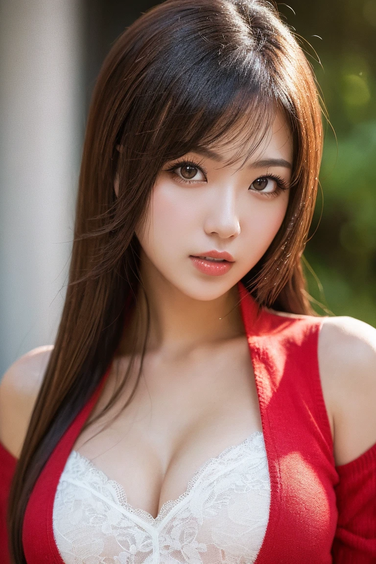 (highest quality、table top、8K、best image quality、Award-winning work)、one beautiful woman、Shining beautiful skin、(the most stylish red tracksuit:1.2)、(Unzip the jersey and fully expose your chest.:1.3)、(The most natural and perfect tracksuit:1.2)、Shining ultra-high definition skin、(accurate anatomy:1.2)、A gentle smile looking at me、(Photo from bare chest up:1.2)、(fully exposed naked breasts:1.2)、(close up of face:1.4)、Standing gracefully、(Blurry park background:1.2)、portrait photography、(draw softly and smoothly:1.1)、(very bright and vivid:1.1)、very romantic、光を受けてShining beautiful skin、(very bright and refreshing:1.1)、(the most detailed and perfect face:1.1)、(most detailed glowing eyes:1.1)、(beautiful and moisturized skin:1.1)