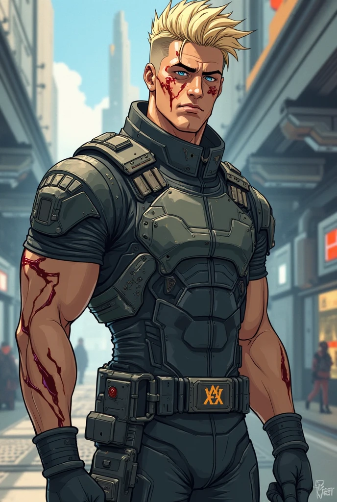 There is a man with a big chest and a big chest, Ciborgue morto-vivo masculino musculoso, lobisomem musculoso, muscular character, musculoso! Cyberpunk, dog - faced muscular goblin, musculoso!! scientific fiction, manly monster tough guy, muscular male hero, caracteres musculosoes, musculoso e aterrorizante, inspirado por Rob Liefeld, simetria!! Retrato de Akuma, human male demon