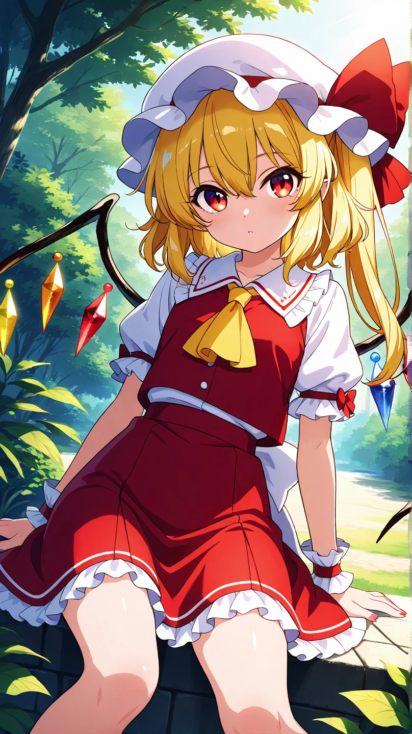 Flandre Scarlet、Touhou Project、Young、lovely、White Knee Highs、Crouch、slender、Drawers、forest、