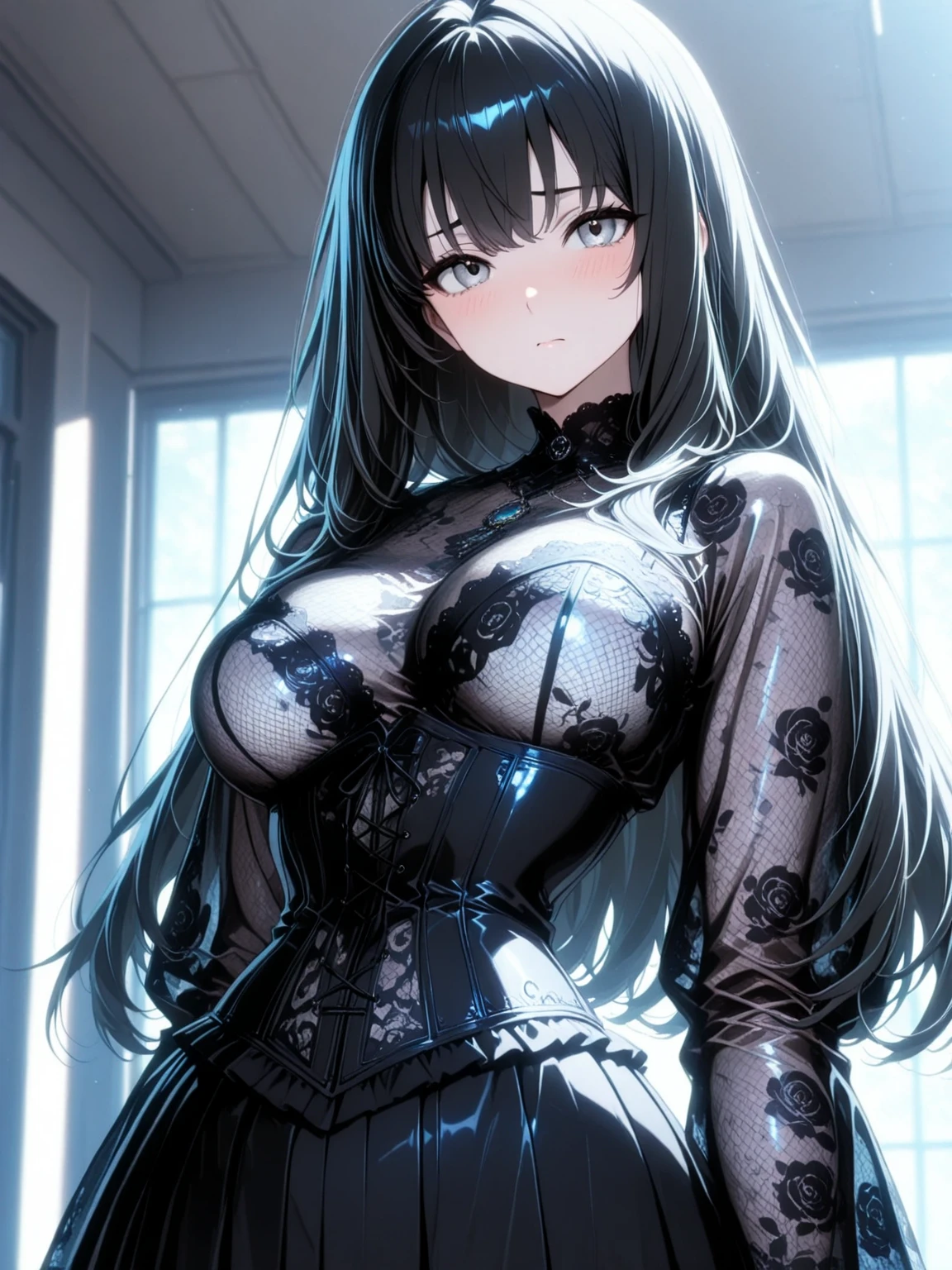(high quality, 8k, 4K, high contrast, artwork:1.2, high quality, best aesthetics), ((1 woman)), erotic, sensual, mature body, super detailed, beautiful face detailed, beautiful eyes detailed, detailed beautiful mouth, perfect breasts, wide thighs, sexy body, (long straight black hair), (black eyes), (black lipstick), (black eyeliner), (black eyeshadow), (calm expression), (penetrating gaze), (black cat ears), (black cat tail), (short black dress with short ruffled skirt and long sleeves), (centered), (looking at viewer), (standing), (inside a bedroom), (hands hidden behind the back)