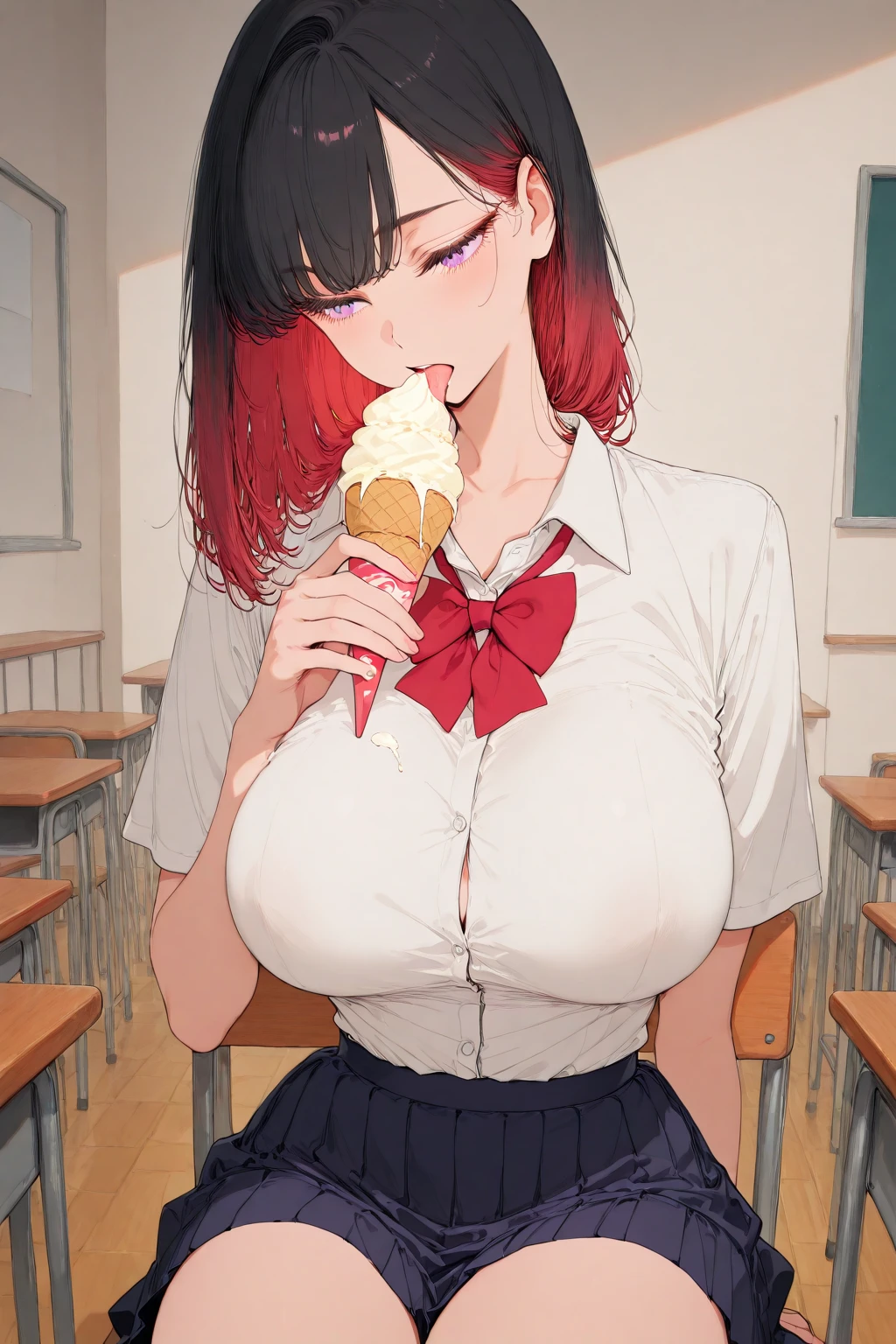 ((One womanは跪いて顔を寄せて口を開けて見つめている:1.4), (One woman:1.2), (There&#39;s a lot of sticky white cream in my mouth.:1.2), (A lot of sticky white cream is dripping from the mouth.:1.2), (There&#39;s a lot of sticky white cream on my face.:1.2), (A beautiful, perfect tongue:1.1), ((highest quality)), (Super detailed), (Very detailed CG 統合 8k 壁紙), Very detailed, High resolution raw color photos, Professional photography, ((Beautiful big breasts)), Brown Hair, side ponytail, Great face and eyes, Slender body, (amazingly beautiful girl) (School boys' toilet:1.3), ((navy blue blazer:1.2), white shirt, checked skirt, Red ribbon at neck), , (Her shirt is open around her chest, exposing her bra, Stylish pink micro lace bra), Exact number of arms, Exact number of legs, Perfect ???????, (embarrassed expression, (Expressions of sexual pleasure:1.4), (Expression of enduring pain:1.2), The expression that you are holding back from going to the toilet,happy expression, extremely happy, (open your mouth:1.2)), (Melted white ice cream dripping down her cleavage:1), Angle from above right