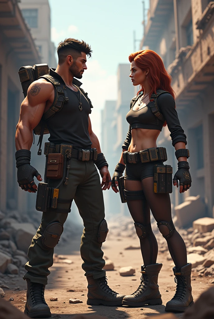 Wasteland punk, intersex lighting, ak47, gas mask, long red hair, tattoos, big breasts, long legs, muscular woman, hips, open thighs, delicate picture quality.