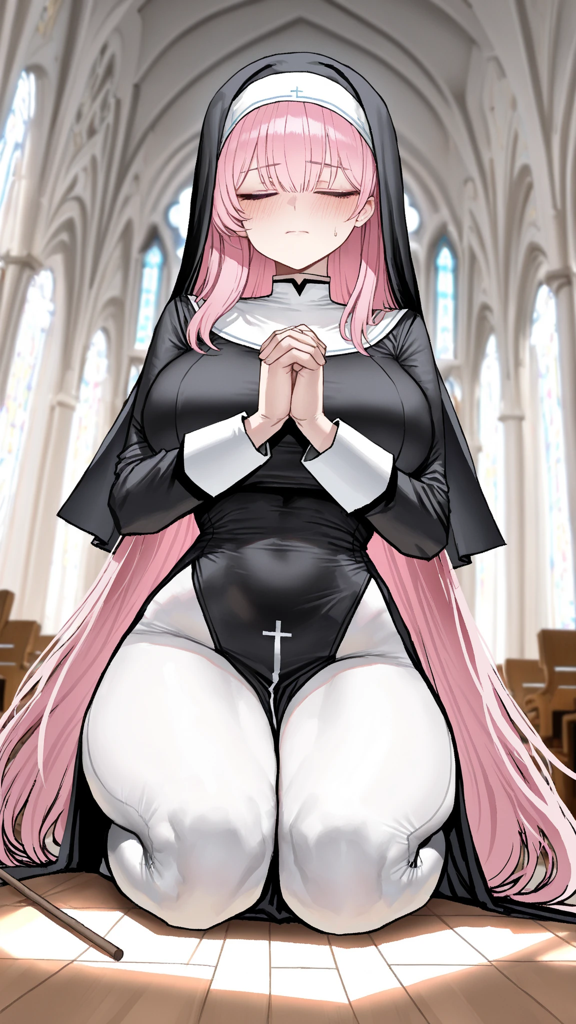 7'5" tall cute anime style female in a purple nun outfit, with 2 Pink crosses on the sides of her nun veil. Her skin has 3 colors: Purple, White, and Pink.she a hourglass body with long tea rose pink hair,solid white eyes,fluffy eyelashes,with big breasts and massive thighs,she is a demon in disguise.