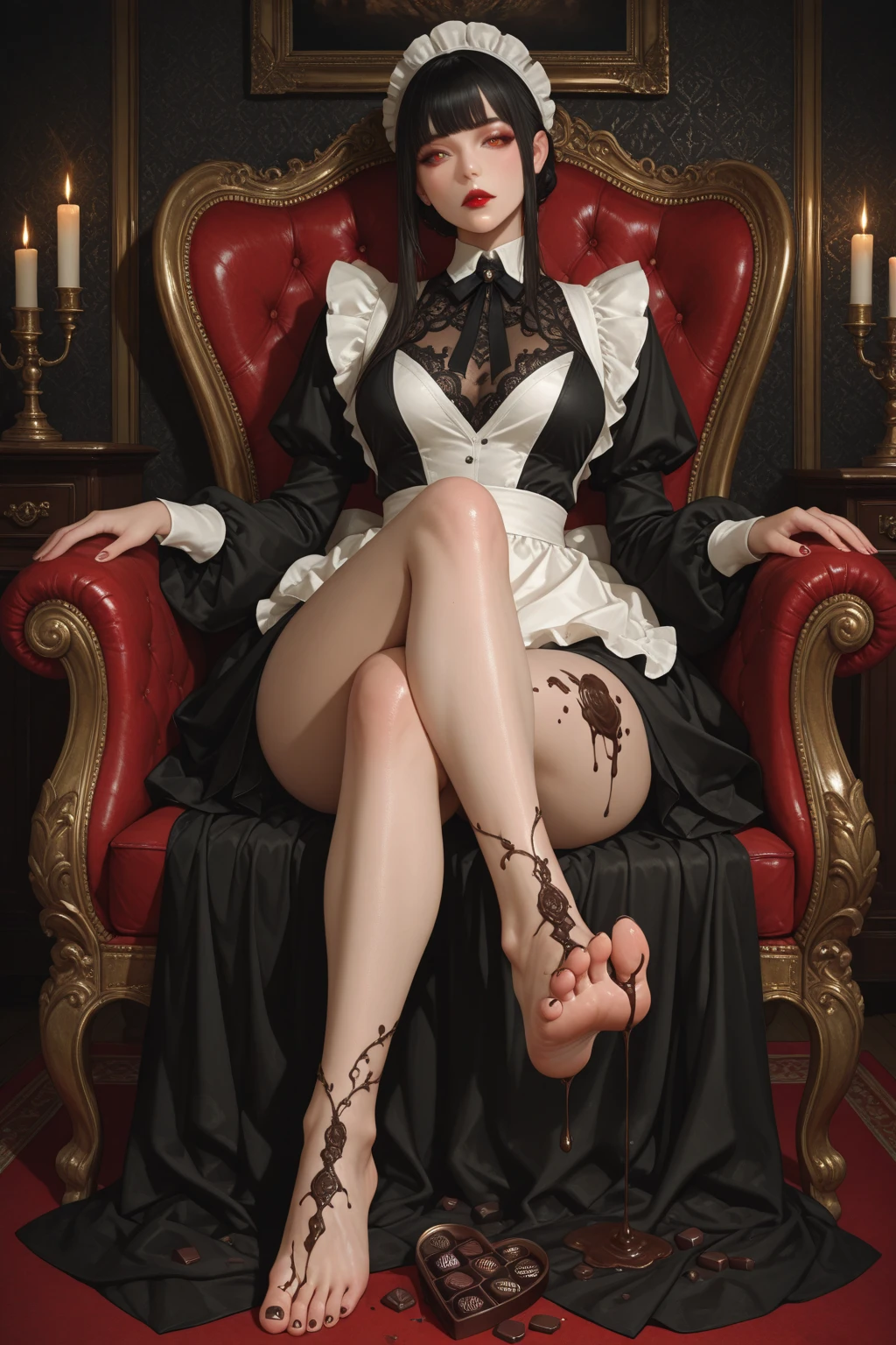 ((Biologically correct limb count))、(( From head to toe、Full-body photo including face))、4K、((Standing position))、masterpiece、((Focus on the face))、((Symmetrical facial features))、Eyes with detailed description、Beautiful woman、Great style、Beautiful arms、Beautiful legs、Beautiful Hands、(Small Ass、Thin thighs)、Facial detailing、Small earrings、necklace、(Black Shiny Gothic Dress、((High heels、Black Stockings)))、Black Hair、Looking up、Sitting on a chair eating a parfait、Close-up photo of the upper body