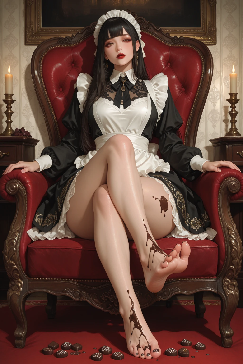 ((Biologically correct limb count))、(( From head to toe、Full-body photo including face))、4K、((Standing position))、masterpiece、((Focus on the face))、((Symmetrical facial features))、Eyes with detailed description、Beautiful woman、Great style、Beautiful arms、Beautiful legs、Beautiful Hands、(Small Ass、Thin thighs）、Facial detailing、Small earrings、necklace、(Black Shiny Gothic Dress、((High heels、Black Stockings))）、Black Hair、Looking up、Sitting on a chair eating a parfait、Close-up photo of the upper body