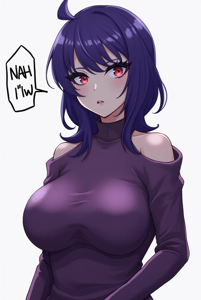my hero academia style, Female gender, long wavy black hair with purple tips, violet eyes, White skin, naked with big breasts and a butt too and who has an embarrassed face 