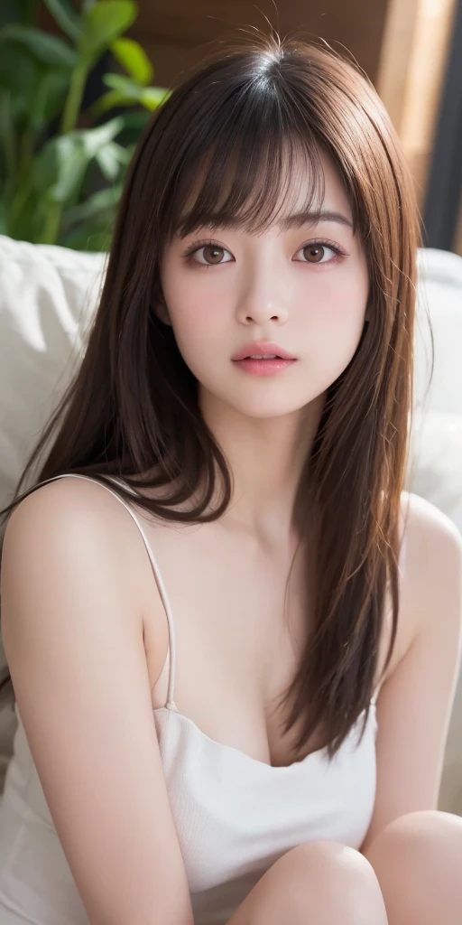 On the table, best quality, illustration, Super detailed, Fine details, high resolution, 8k wallpaper, Perfect dynamic composition,Close-up shot,sit on the floor,Beautiful and delicate eyes, Bikini,Medium Length Hair,,Natural lipstick, Home、20 year old girl、Lovely、Show your sexiness to the camera,Ecstatic expression,Blurred Background