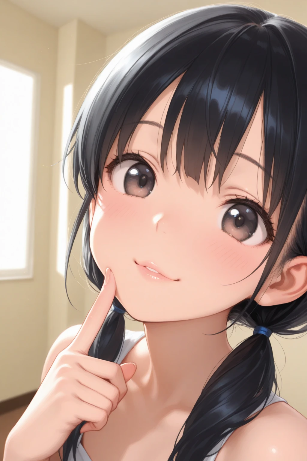 from above,face focus,open mouth,tongue out,cum on tongue,Hands under the chin,finger to mouth,lick,(1girl,Beautiful 16 year old girl),((Slender,Baby Face,Small face)),looking at viewer,looking ahead,look up,Black Hair,bangs,two side up,Gray Eyes,Drooping eyes,slit pupils,narrow eyes,Sexy off-the-shoulder,midriff peek,Beautiful and detailed anime art,Mischievous smile,Dimly lit room,Simple Background,Gray background,Low lighting