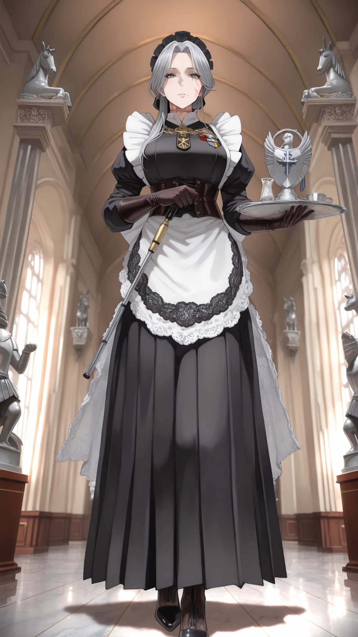 (masterpiece, perfect quality, best quality, absolutely eye-catching, ambient occlusion, raytracing, newest, absurdres, highres, very aesthetic, detailed embroidery, cinematic lighting, soft focus background),
rating_safety,
full body, standing at attention, solo, eye-level angle, (grand aristocratic manor hallway with marble floors),
(Lady Maid Commander), mid-40s, sharp grey eyes, (severe yet elegant beauty), (military posture disguised as perfect poise),
wearing (impeccable black maid uniform with intricate lace apron), (white collar pinned with discreet silver knight's cross), (leather gloves covering scarred hands),
visible traits: (thin dueling scar across left cheekbone), (faded burn mark on neck partially concealed by lace), (regal bearing that commands silent respect),
holding (silver tea tray like a ceremonial shield), (ancient war medal hidden under apron), (telescopic baton concealed in skirt pleat),
background details: (young footman bowing deeply), (portrait of her younger self in knight armor), (polished cavalry saber displayed as "decoration"), (shadow of a warhorse statue)