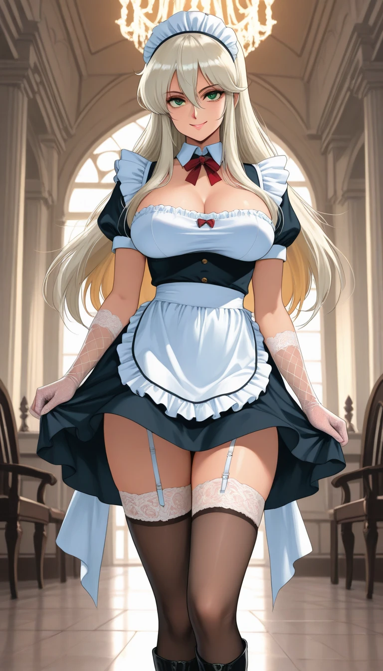 ((highest quality、High resolution、8K、masterpiece:1.3))、dynamic angle、I can see the whole body、wallpaper、1 girl、unparalleled beauty、ultimate beauty、super detailed face、delicate eyes、smile shyly、sexy look、(I'm tempting)、looking at the camera、Depth of bounds written、light particles、side light、long hair、blonde、maid、宝石で装飾されたmaid服、(Lifting the skirt with both hands)、((Skirt flips up and white panties are exposed、She shyly lifts up her skirt and shows her white panties.))、love juice、semen、Open chest、big breasts、cleavage、Thighhighs、thighs、slim、slender、Old castle at night
