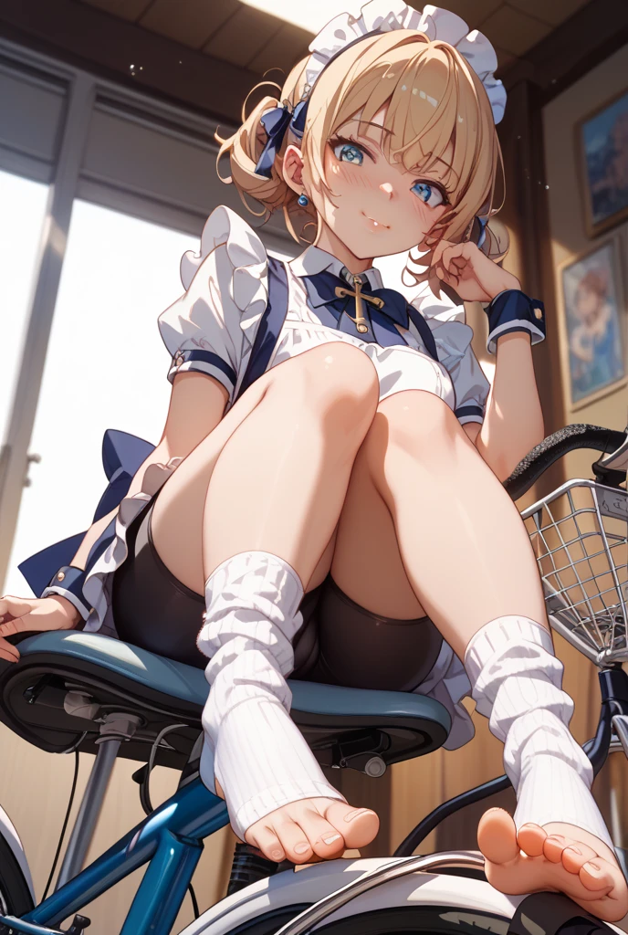 A girl sitting on a desk, school, classroom, spread legs, white panties, pervert, ultra detailed, (beret:1.8), (iwanagadress:1.2), (iwanagakotoko:0.9), iwanaga kotoko, beautiful body, beautiful face, good anatomy, white stockings, white panties, blonde hair, short hair, embarassed look, blushing, hand covering mouth, looking away