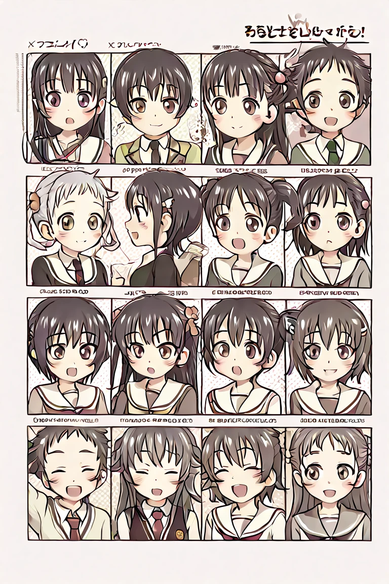 6 years old little girl、Kindergarteners、Multiple characters、other々Angle of、character sheets、Ghibli style、watercolor paiting、Multiple facial expressions、full body Esbian、Garden Uniforms