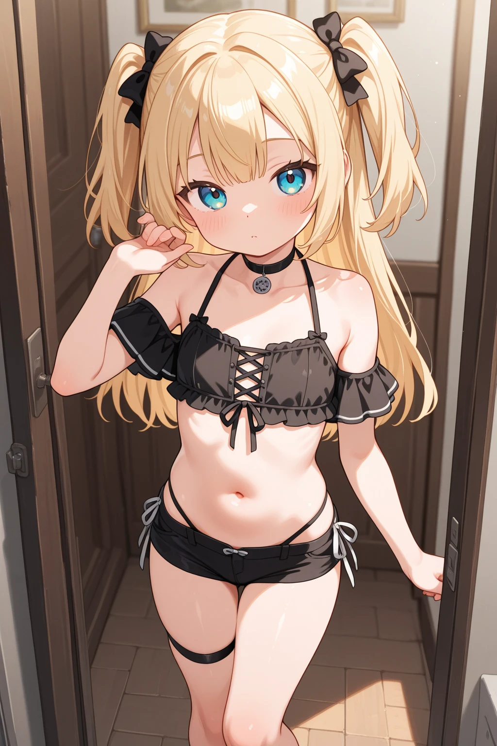 master piece,best quality,8k,
BREAK 1girl,(ultra detailed pale blonde hair:1.3),(ultra detailed white skin:1.2),(shiny skin),(ultra detailed light purple eyes:1.3),tsurime,
BREAK (bishojo),(cute),
BREAK (straight hair:1.2),(long hair:1.2),(two side up:1.3),(black color hair ribbon),blunt bangs,(small breast:1.2),(hoop earrings),blush,smile,head tilt,
BREAK (trimmed with lace black sexy lingerie:1.2),(lace thighhighs:1.2),
BREAK (pov:1.2),(standing:1.2),(hand on hip:1.2),from front,
BREAK (Gorgeous bedroom:1.3),