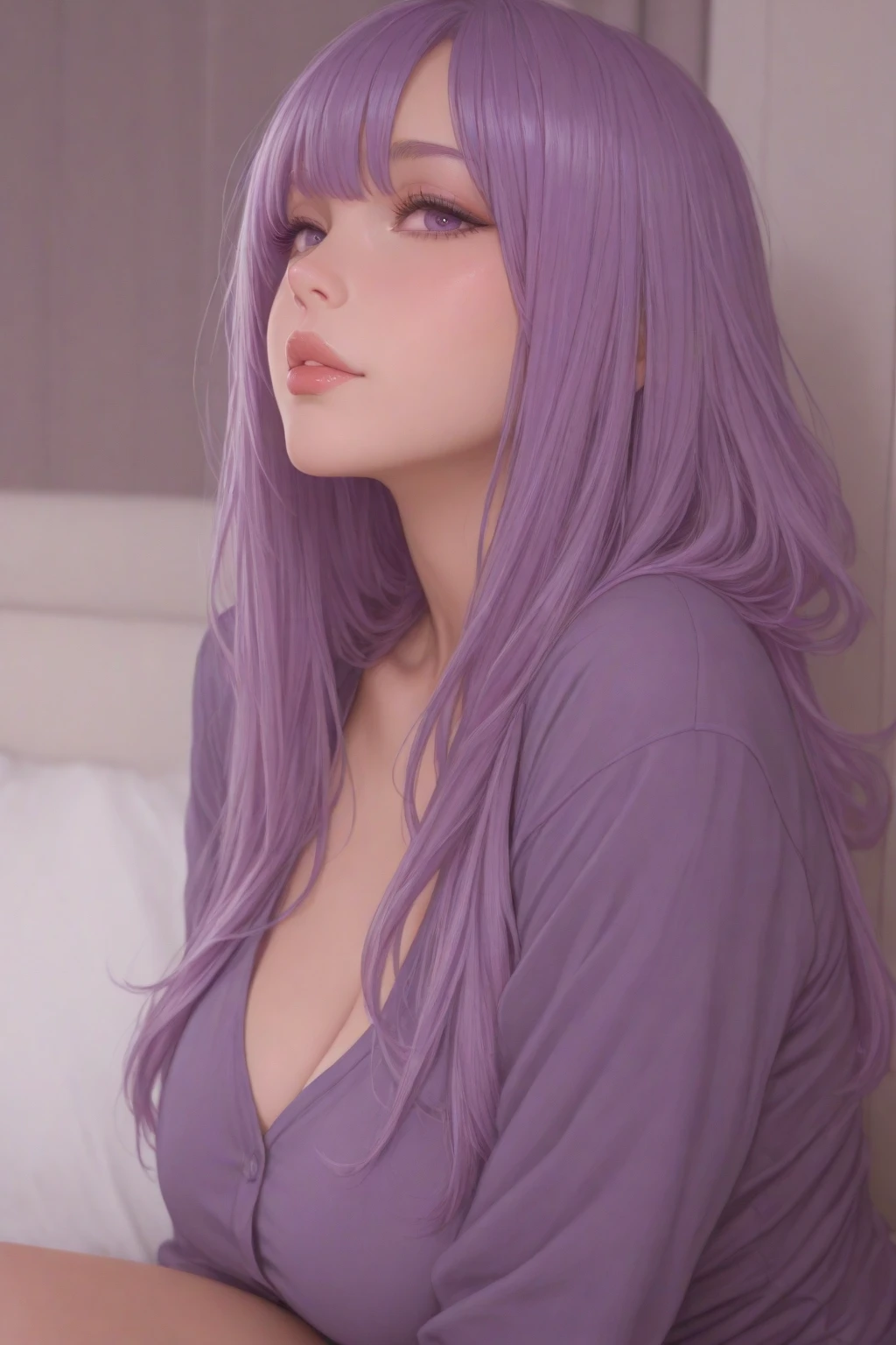 One person, Long Hair, Purple eyes, Pink Hair、She is sleeping in bed with a towel blanket.、Her thigh is exposed、Bright morning light、High resolution with sparkling hair, Anatomically correct, Highest quality, Winner of numerous awards, High detail, High-resolution model, Very detailed,