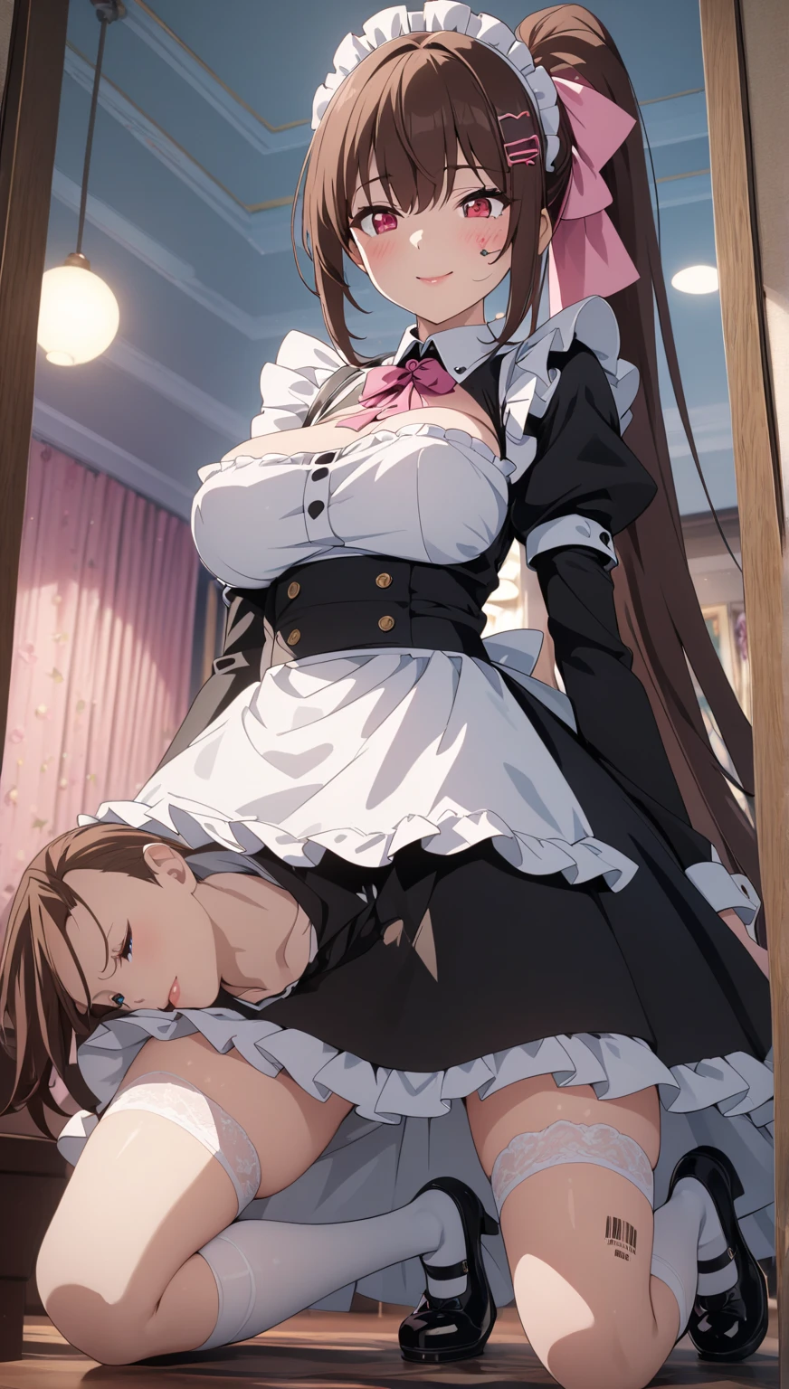 ((Highest quality)), ((masterpiece)), (detailed), （Perfect Face）、The woman is Princess Leona, with light brown, medium-long hair, wearing a Victorian maid outfit and giving a blowjob.、The woman is brainwashed and is sucking the dick of a nobleman with no expression or highlights in his eyes.、The man is ejaculating with great force, his penis is wet with semen, and his testicles are being massaged by the woman.