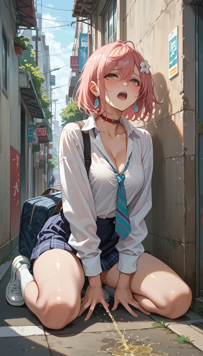 (masterpiece:1.3, top-quality, ultra high res, ultra detailed), (realistic, photorealistic:1.4), beautiful illustration, wearing knit sweater & miniskirt, (Flirtingly lifting her skirt to show her panties:1.3),perfect lighting, natural lighting, colorful, depth of fields, surrealism,  (embarrassed,blush:1.3),
beautiful detailed hair, beautiful detailed face, beautiful detailed eyes, beautiful clavicle, beautiful body, beautiful chest, beautiful thigh, beautiful legs, beautiful fingers, shiny skin, 
looking at viewer, 1 girl, japanese, high school girl, (perfect anatomy, anatomically correct, super detailed skin), cute and symmetrical face, babyface, perfect face, perfect eyes, 
(middle hair, two side up, pink hair), crossed bangs, purple eyes, drooping eyes, big eyes, long eyelashes, (large breasts, seductive thighs, skindentation), slender, outstanding style, 
((detailed cloth texture, white collared shirt, blue pleated skirt, dark red neck ribbon), black thigh-highs, loafer), 
(beautiful scenery), late afternoon,hands on chest, (lovely smile, upper eyes, open mouth small),