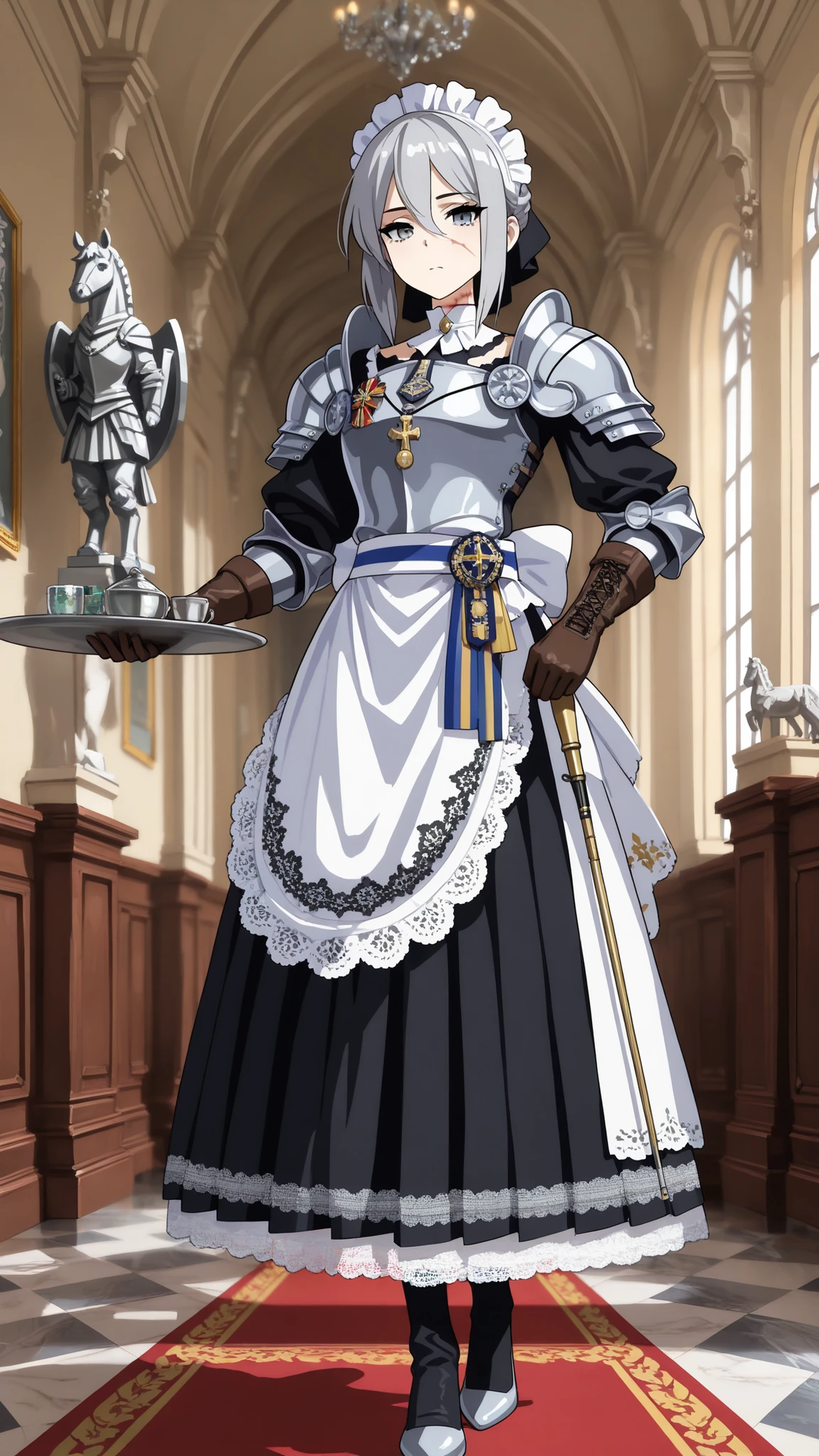 (masterpiece, perfect quality, best quality, absolutely eye-catching, ambient occlusion, raytracing, newest, absurdres, highres, very aesthetic, detailed embroidery, cinematic lighting, soft focus background),
rating_safety,
full body, standing at attention, solo, eye-level angle, (grand aristocratic manor hallway with marble floors),
(Lady Maid Commander), mid-40s, sharp grey eyes, (severe yet elegant beauty), (military posture disguised as perfect poise),
wearing (impeccable black maid uniform with intricate lace apron), (white collar pinned with discreet silver knight's cross), (leather gloves covering scarred hands),
visible traits: (thin dueling scar across left cheekbone), (faded burn mark on neck partially concealed by lace), (regal bearing that commands silent respect),
holding (silver tea tray like a ceremonial shield), (ancient war medal hidden under apron), (telescopic baton concealed in skirt pleat),
background details: (young footman bowing deeply), (portrait of her younger self in knight armor), (polished cavalry saber displayed as "decoration"), (shadow of a warhorse statue)