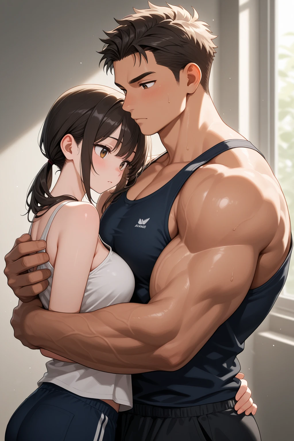 A pretty girl sitting with a boy but the boy only has a big arm full of muscles that are hugging each other
