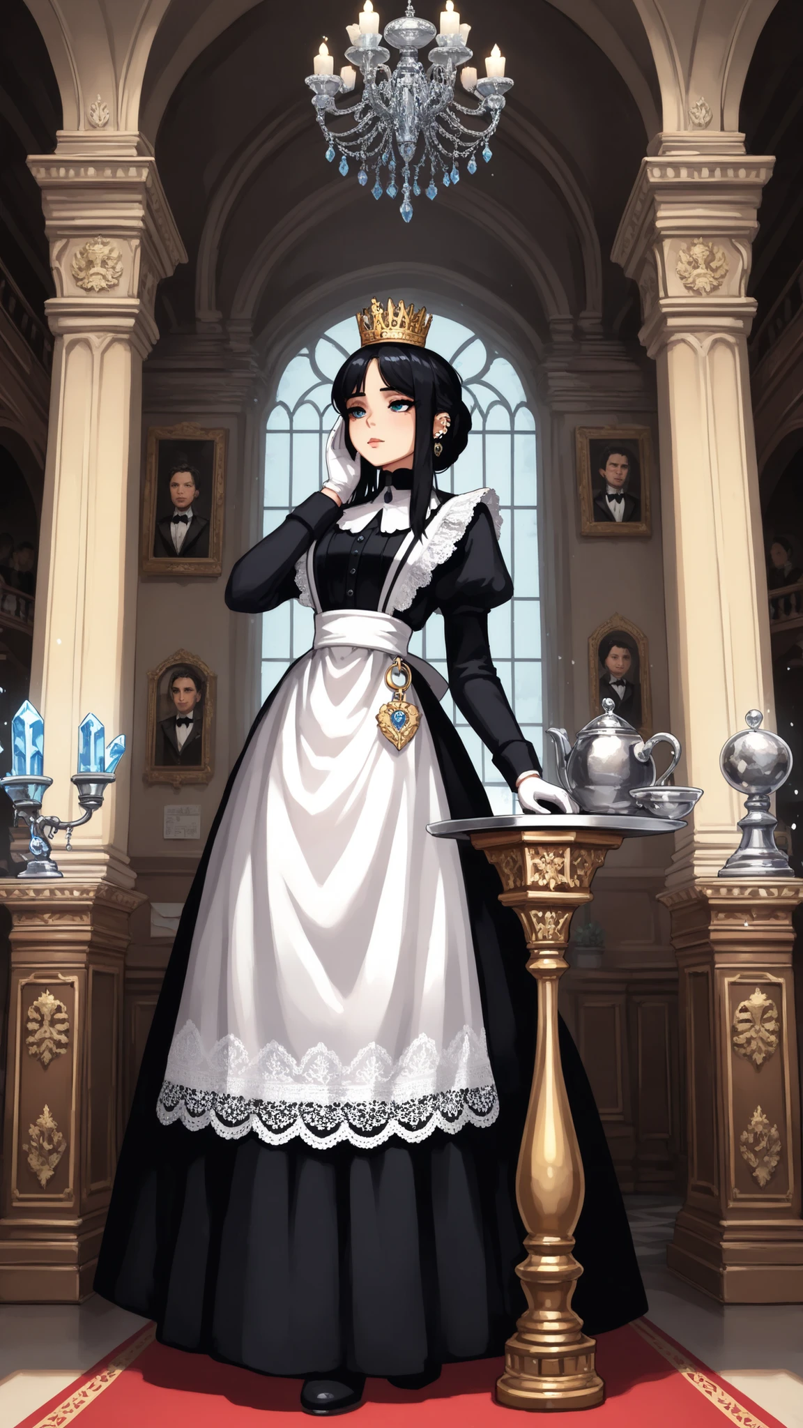 (masterpiece, perfect quality, best quality, absolutely eye-catching, ambient occlusion, raytracing, newest, absurdres, highres, very aesthetic, baroque painting style, intricate details, dramatic chiaroscuro),
rating_safety,
full body, standing poised at grand staircase, solo, low angle shot, (opulent Victorian manor hall with marble columns and crystal chandeliers),
(The Lady Maid), late 30s, ageless elegance, "My Lady Maid" theme,
(serene expression), (piercing, commanding gaze), (untouchable aura of authority),
wearing (impeccable black maid uniform), (delicate lace apron), (white gloves), (hidden keyring with estate seals at waist),
one hand resting on (polished banister), other hand holding (silver tray with unopened envelope bearing royal crest),
surroundings: (stunned noble guests bowing slightly), (anxious butler whispering behind pillar), (gilded mirror reflecting her as tallest figure), (ancestral portraits looking downward), (stormy window light casting her shadow like a crown)