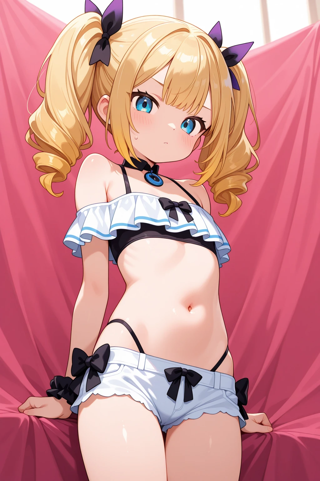 (anime style),masterpiece, best quality, extremely detailed,10Year old,tanned skin,dark skin, Beautiful body,BREAK,multicolored colorful blonde hair,short hair,hair slicked back,BREAK,black eyes,happy smile,open mouth,eyes widen,happiness
smile face,detailed lips,open legs,BREAK,cotton black big ribbon,BREAK, Ballerina costume,striped shorts,off shoulder,frilled clothing microskirt,break,head tilt,hold me pose,in the lest room,back angle