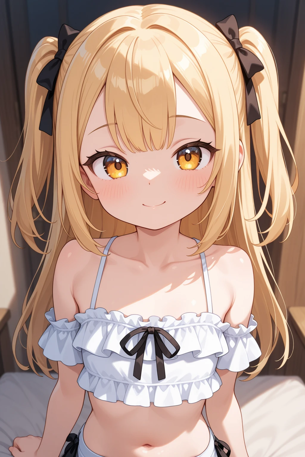 、Front view、Put your hands behind your back、A little shy、smile、Thin chest、Black frilly bikini、Cream colored hair、Hair in two ponytails、Rounded twin tails、Ocher Eyes