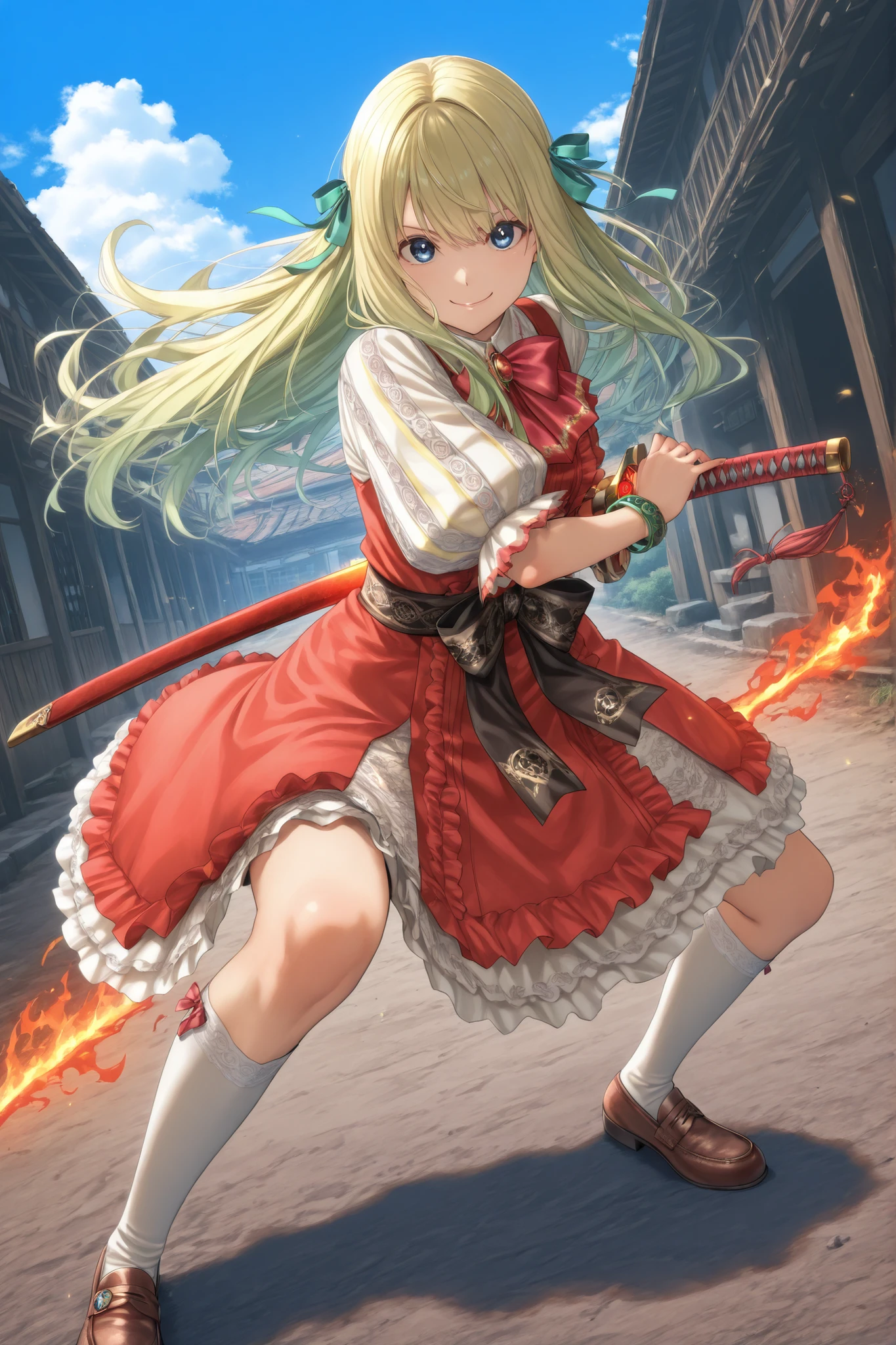 score_9, score_8_superior, score_7_superior, Source_Anime, Animeスクリーンキャプチャ,Anime着色, illustrations,masterpiece,best quality,very aesthetic,great quality,(masterpiece, detailed:1.2),
1girl,solo,Full Body像, standing,spread out legs, Spread legs, ((half squat)), Battle Ready, (wind:1.4),
WATCHING THE VIEWER, smile, Dynamic Poses,
lauralitaxl, blonde hair, long hair, blue eyes, - makeup, green hair ribbon, bow, dress, jewelry, puffy sleeves, frills - white kneehighs, brown shoes, A green bracelet on the left arm、perfect legs、complete anatomy、Full Body、(frontal angle with legs crossed)、kind smile、see here、detailed background、Blue Sky、road、High Hill、Prairie、Cinematic Lighting Effects、緑の葉がwindで飛んでいる、
((day本刀, Sword of Fire, sheath, 赤いsheath, The blade of the sword holding the scabbard with the left hand is burning in flames, hold up a sword, 腰に剣のsheath, battoujutsu sword stance, ready to draw)),
Outdoors,day,Blue Sky,