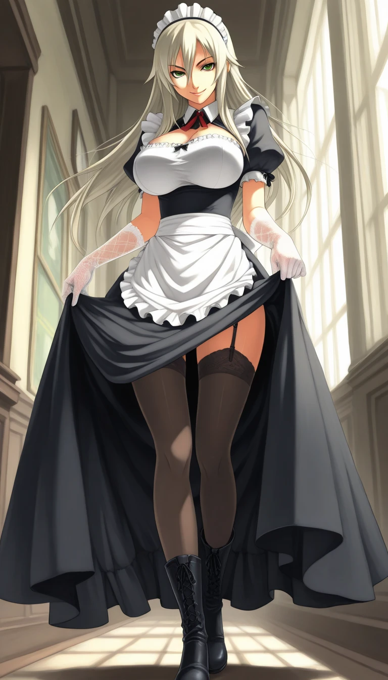 長い髪のbeautifulアニメ風の美女, (((Blonde)))Twin tail hair,(((Highest quality)))Transparent Hair,The face of cool,(((Red eyes)))Beautiful woman full of pleasure,(((A well-defined, glamorous body)))((Huge bust))Tight waist,(((光沢感あるRadical sister outfitを着ている))),(((Radical sister outfit)))She is wearing a nun's uniform that exposes her chest, navel, and thighs.,(((beautiful)))Fair skin,(((Standing provocatively)))Full Body Shot,(((background)))wood,fog,Red Moon,Mysterious flower,Abandoned Castle。