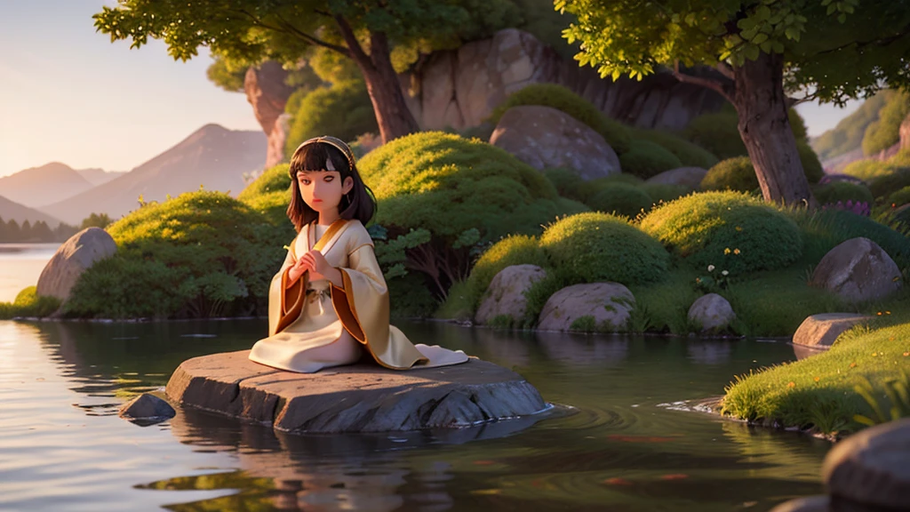 (raw photo, best quality), highly detailed, masterpiece, ultra detailed, illustration, 1 little girl 9 years old, beautiful, full body, black hair, black eyes, lens flare, cinematic lighting, dynamic angle, asian face, back bun hair, daylight, elegant, main view, wear white wide pants, wearing a knee-length robe, standing