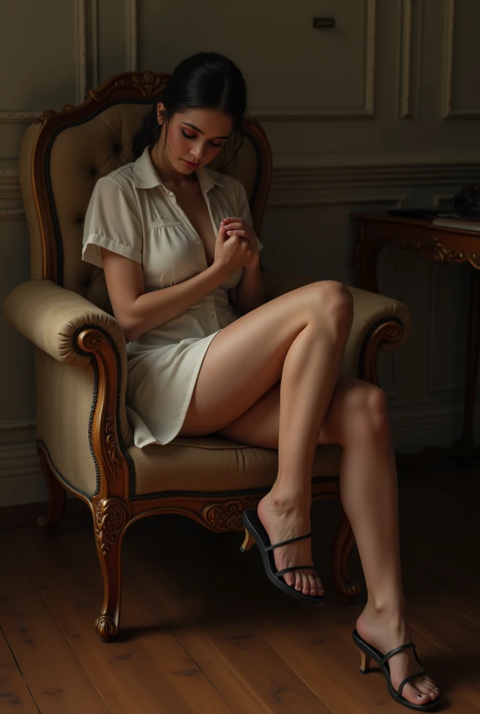 beautiful youn girl,4k,ultra detailed,tattoo,smoke,expressive beautiful,younger,tattoo,wearing fantasy white crop and mini skirt or short, wearing fantasy white high heels,sitting on the throne,crossed legs,sexy,make-up,shiny skin