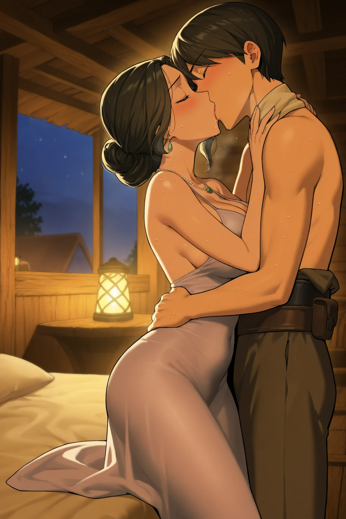 top-quality, masterpiece, upper body shot, wide angle, Male and female couple, boy and girl of equal height, standing in a bedroom, candle light, glow, completely naked, girl taken by surprise, (((naked, nsfw, bare skin))), long flowing black hair in waves, gold jewelry, necklace, earrings, (Boy hugging girl tightly from behind), boy has crew cut hair, orgasmic expression, Without glasses, Revenge relationship, highly erotic, orgasmic expression, foreplay, squeezing breasts, assgrab, hand on breasts and ass, fondling, sweating, aftersex