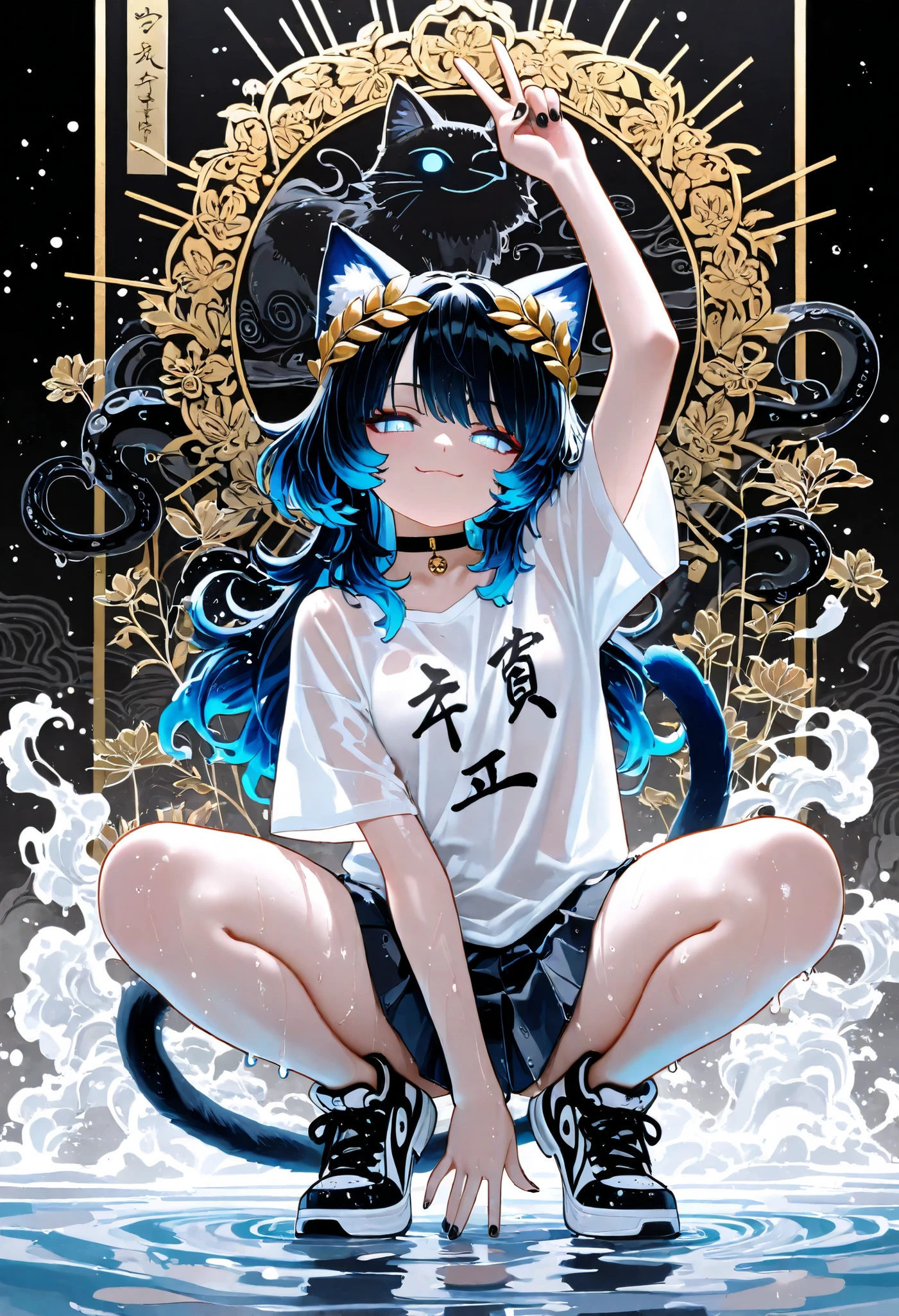 1girl, skyblue eyes, jitome(0.5), dark blue hair, White gradient hair, wolf cut, messy culry long bob hair, Fluffy thick hair, water hair, liquid hair, Hair that turns into water, Hair that turns to liquid, cat ears, 2 cat tails, flat Breast, white t shirt, navy pleated skirt, Choker, black nail polish, Functional sneakers, black octopus, black octopus, black heavy tantacles, wet tantacles, flower pattern, Choker, bare legs, black nail polish, masterpiece, best quality, Perfect details, perfect composition, Perfect face, Perfect hand, absurdres, newest, very aesthetic, amazing quality, highres, film grain, Cinematic, Magnificent, doremi, hwansang, mx2j, looking at viewer, Hairpin, lapis lazuli Decoration, white sticky liquid, water demons, kiseru, smoke, white woods, glow eyes, Confident, transcendence, gold decoration, water energy, grand master, ukiyo-e, silk, oriental ink painting, sensual, white ink, Acrobatics, smug face, happy, nsfw, affect, Celebrity, fluttering scarf, Flagpole, conductor, tease, Pheromone, gold Laurel wreath, Artemis, greek, flowers, Oriental decoration, dynamic view, cute expression, thick outline, katana, water decoration, gyaru, cat, necomata, peace sign,
