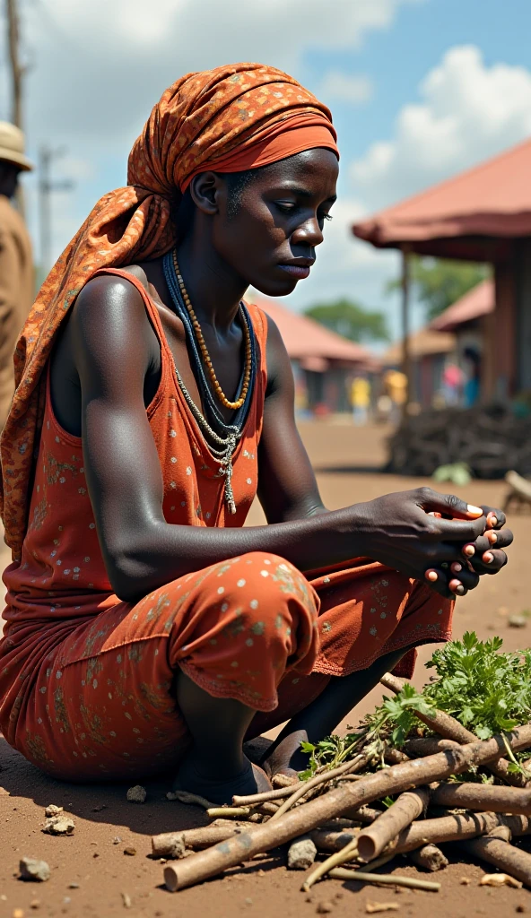 Generate an image of a young african igbo woman of about 35years and wailing sitting in front of her village house