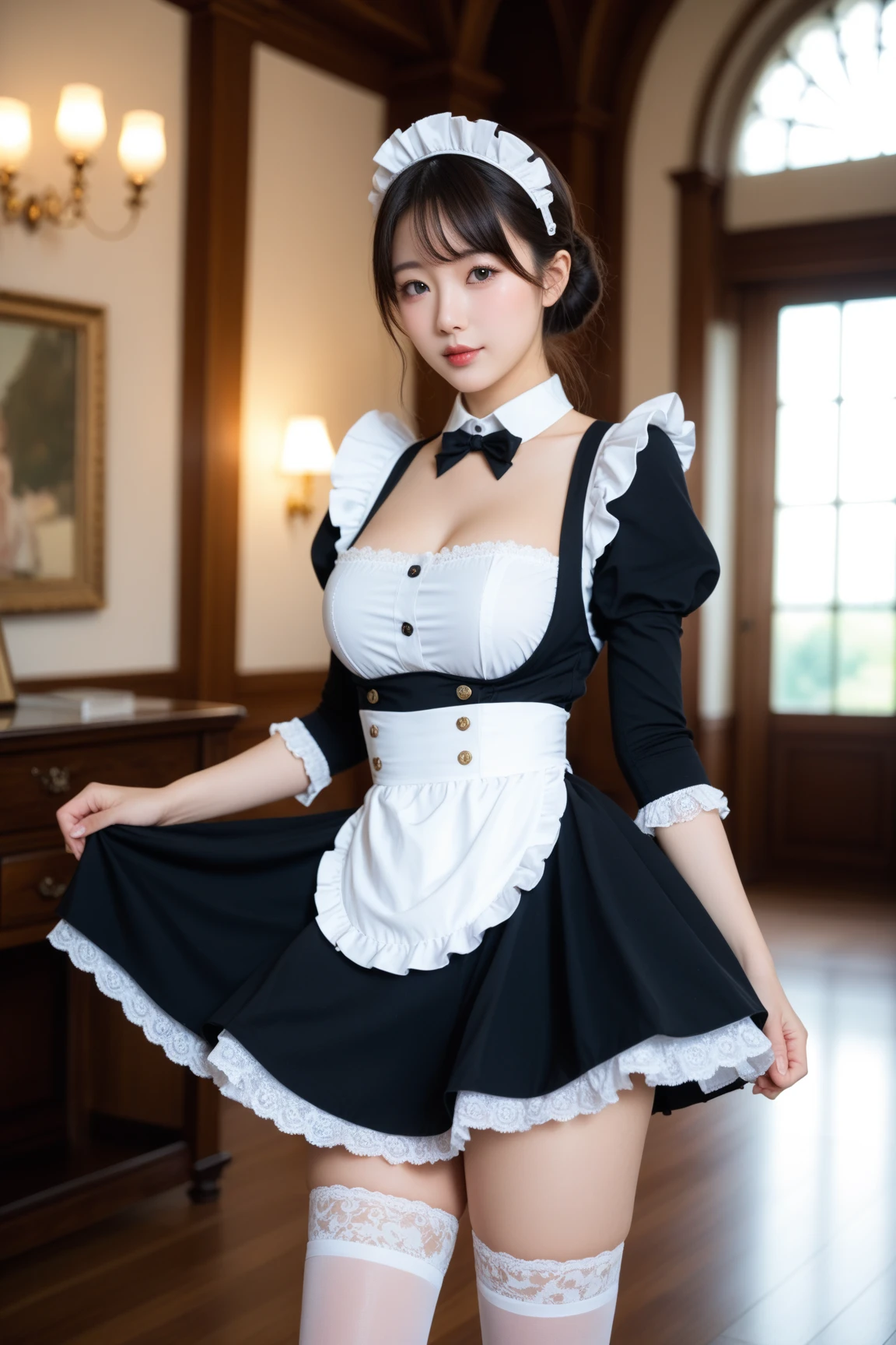 (Maid clotheini skirt、maid headband、black hair、knee high socks、from below)、looking here、Dining in a royal mansion、woman in her 20s、big breasts、cleavage、seductive thighs,Are standing、smile、big ass