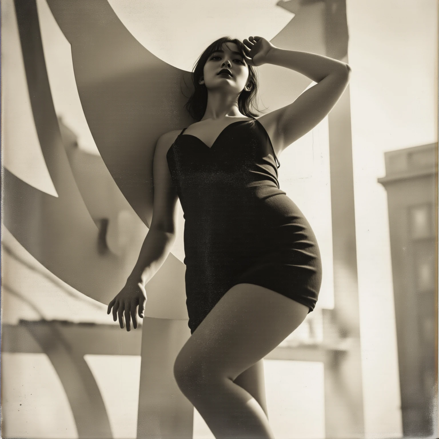 A pinup girl is completely naked standing on a telephone cabine in the streets of 1920' Chigaco, spreading her legs wide to the viewer and fingering her pussy with one hand, showing the pussy into the camera, horny, laszive