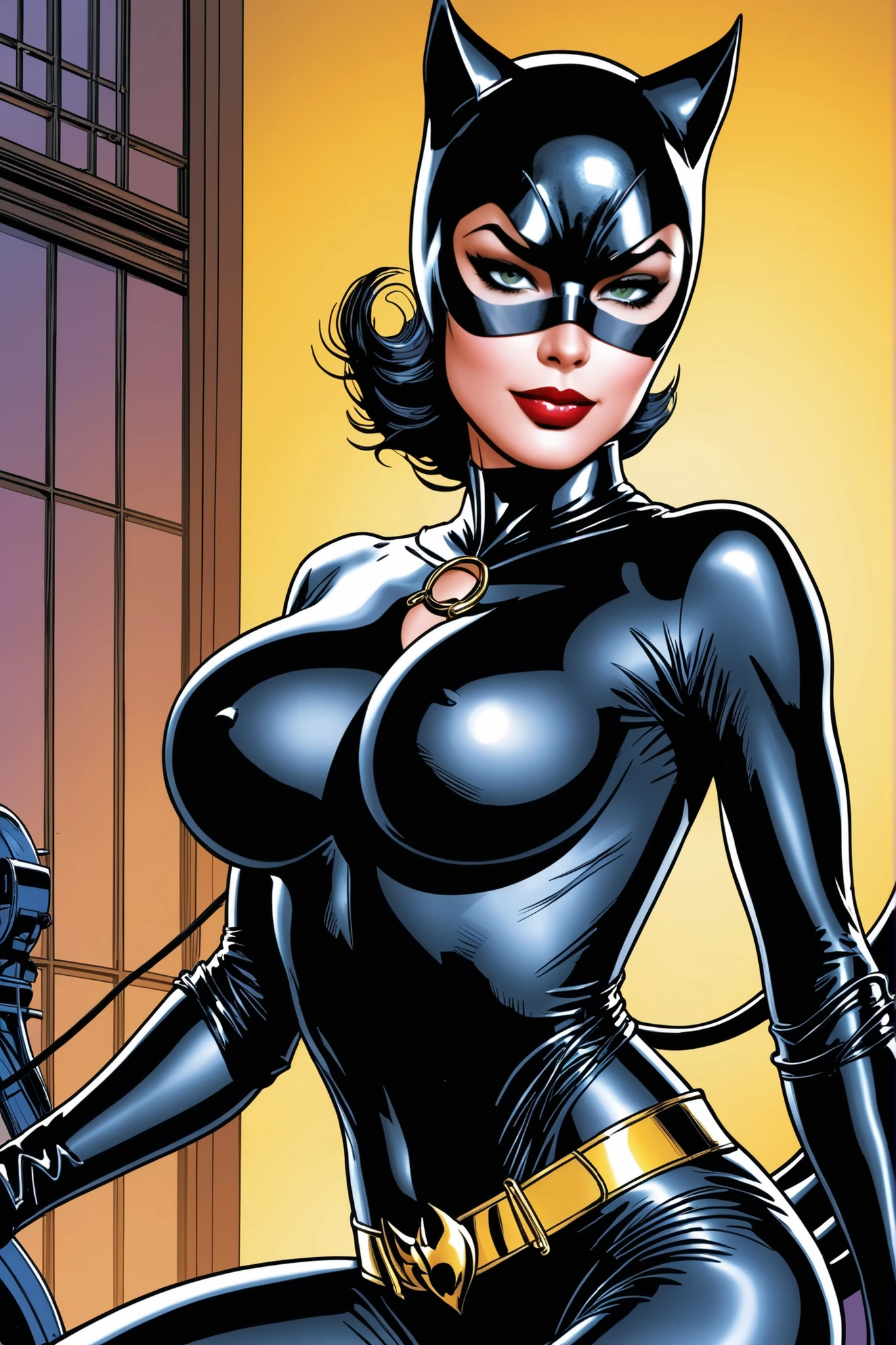 Catwoman is robbing the vaults of Ellon Musk's mansion. Esta levando as Joias e Diamantes do tamanho de um palmo. (gigantic breasts:1.3), (slendered abs:1.4),Careca com ela uma bolsa que ao final do roubo esta cheia com os pertences roubados.