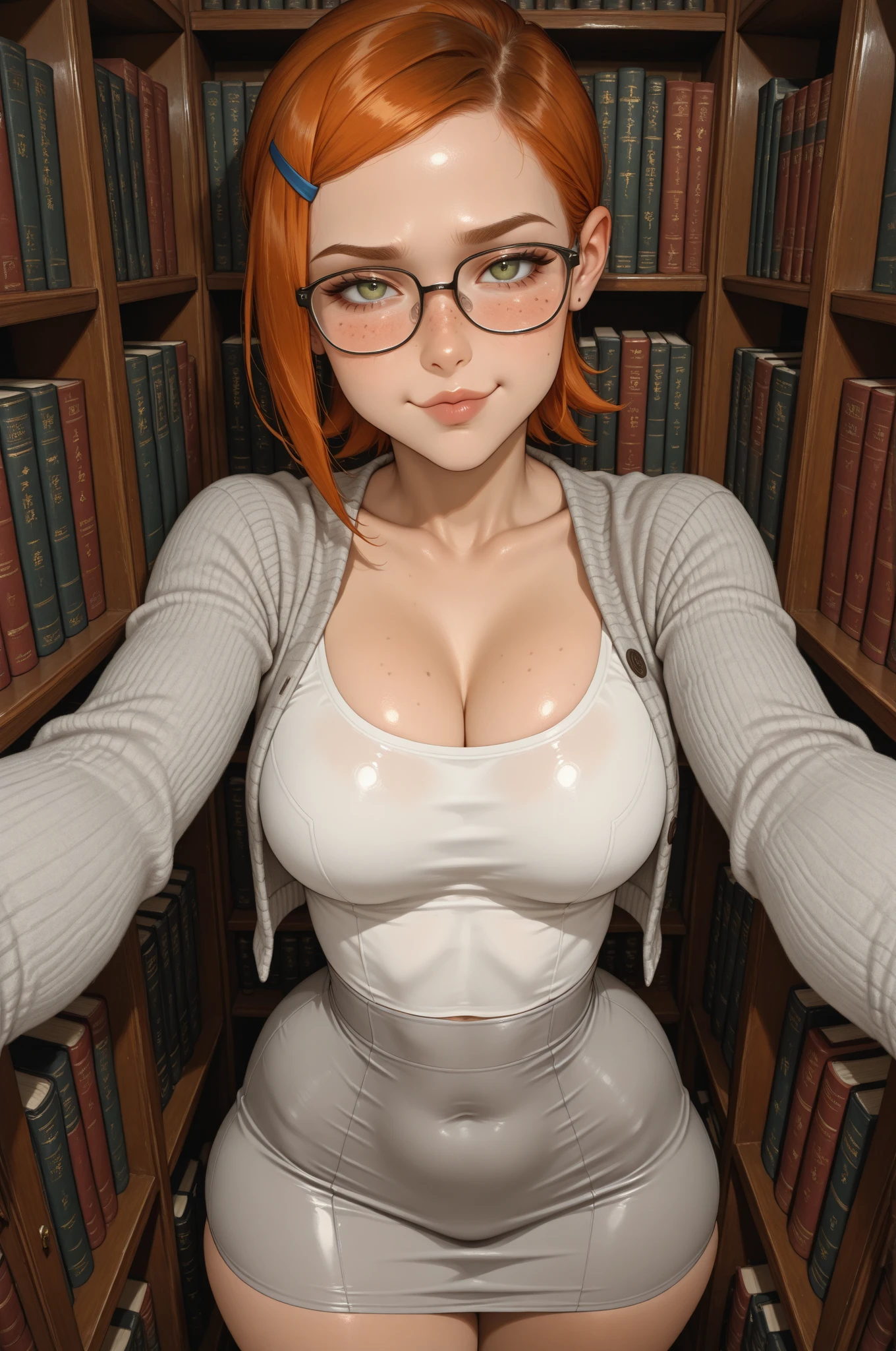 CG-10 ..., 3D, Realistic, photoRealistic, masterpiece,alone, Adult, (20 years) One girl, SFW, young, cute, (Otaku),librarian,profile, From the side ,Bookshelf, library,Loosening your curls indoors, Brown Hair, Medium Hair, (((Orange Hair))),  ((Ginger)),(Freckels), Big glasses with bangs, Black glasses,Choosing a book, Book in hand, blue eyes, ((Subjective heart-grabbing, POV hands)), Grab your chest,(Mouth closed),(((((Embarrassing, Blushing))))) BREAK medium breasts ,White turtleneck sweater, ((Subjective heart-grabbing, POV hands, Grab your chest)), Mid-riff break red check skirt,  ((Subjective heart-grabbing, POV hands, Grab your chest))
 