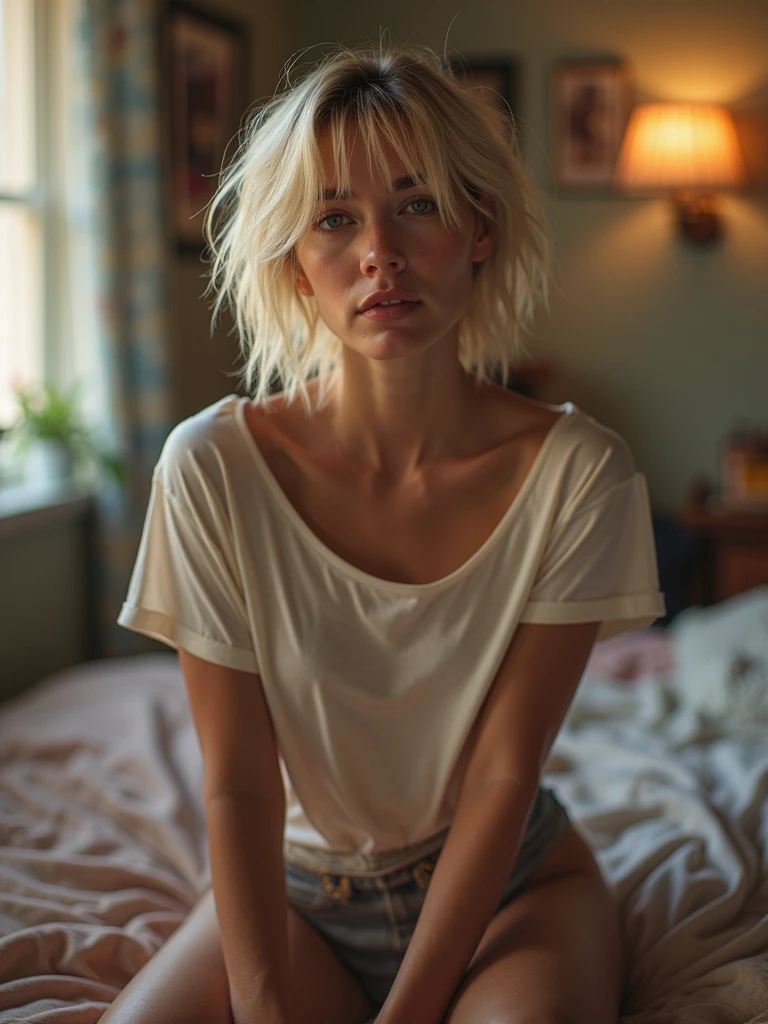 beautiful blonde girl wearing tight skinny jeans and Louboutin heels, tanned, sexy girl, tshirt top, large firm round breasts, pert breasts, tshirt , looking downwards, candid picture, candid pose, sultry expression on her face, lips parted, soft light from the side, backlighted, soft morning lighting, viewed from the side, low camera angle, candid picture, candid pose, sultry expression on her face, lips parted, soft light from the side, backlighted, soft morning lighting, dressed in a tshirt, push up bra, soft light, back lit, highly sexual image, very sexy picture, sexualised, (messy bob hairstyle, white blond hair color), messy hairstyle, shoulder length hair, messy hair, wild hairstyle, messy hairstyle, white blond, 5 foot 3 inches tall, 110 pounds in weight, 34G breasts, large firm round breasts, very large breasts, cleavage, photorealistic, 4K, UHD, view from the side, shot looking up at her